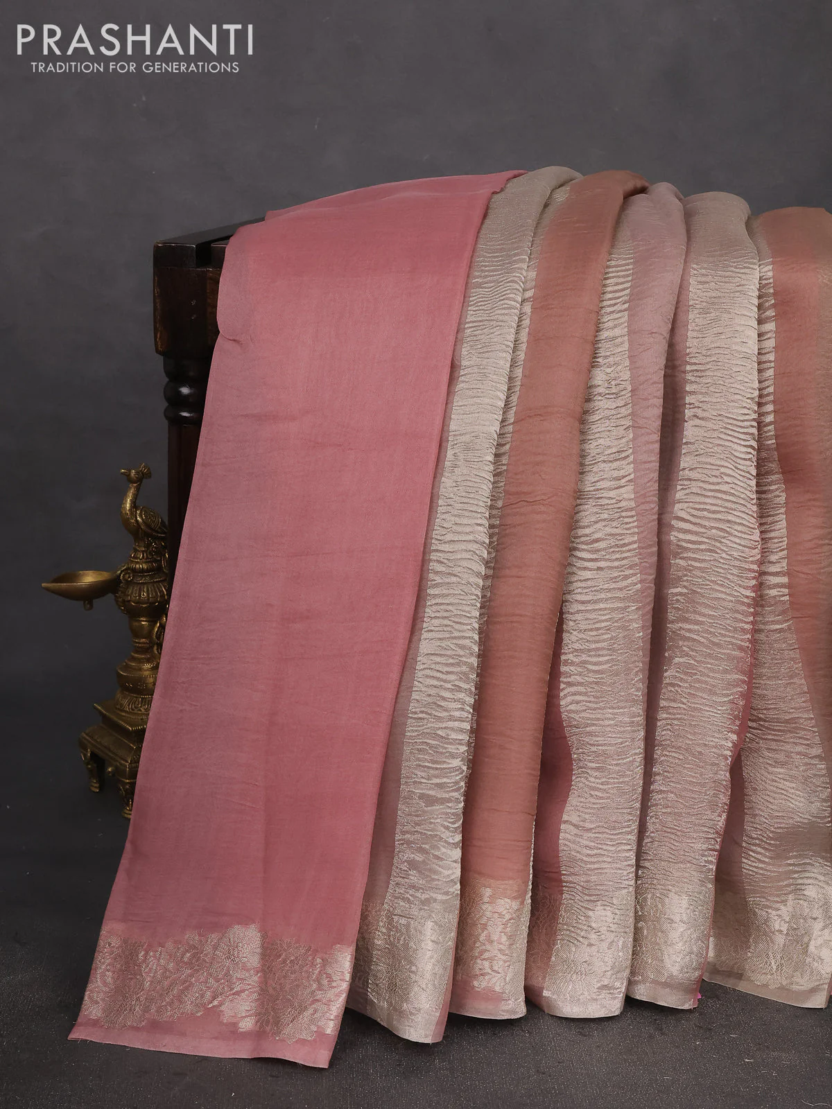 Pure organza partly silk saree beige and pastel peach with silver zari stripe pattern and silver zari woven border - Image 2