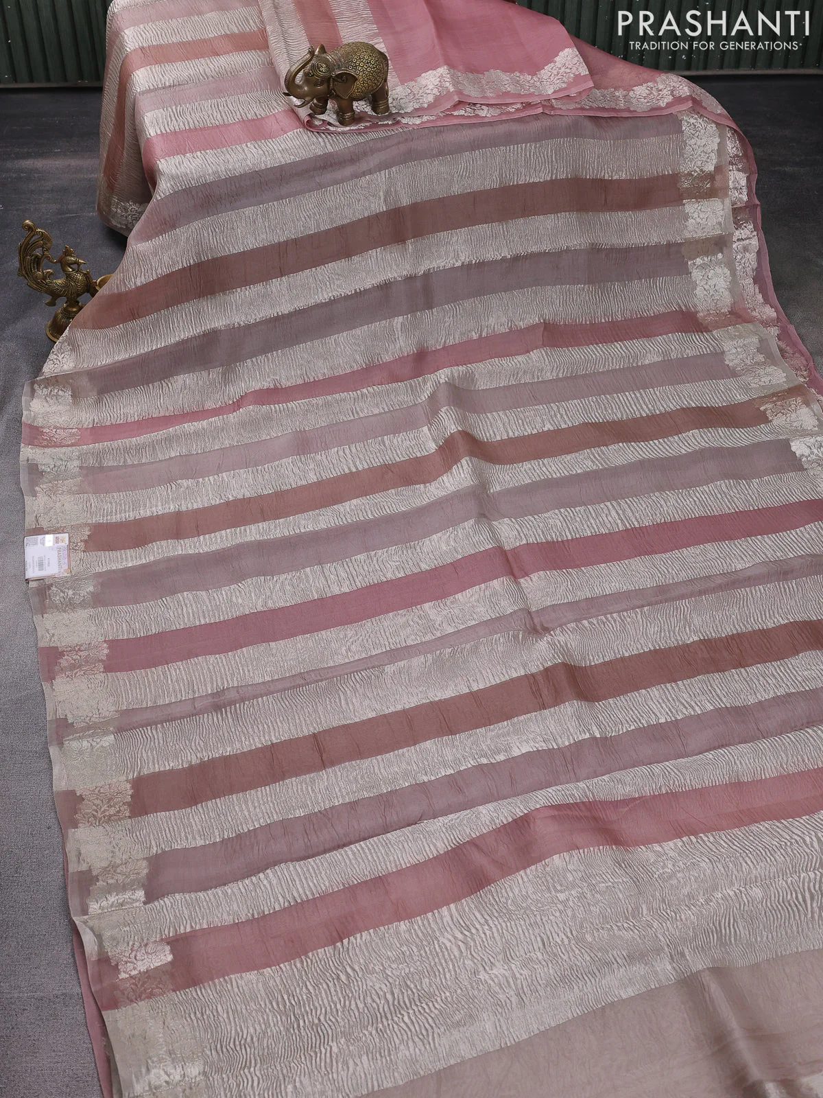 Pure organza partly silk saree beige and pastel peach with silver zari stripe pattern and silver zari woven border - Image 3