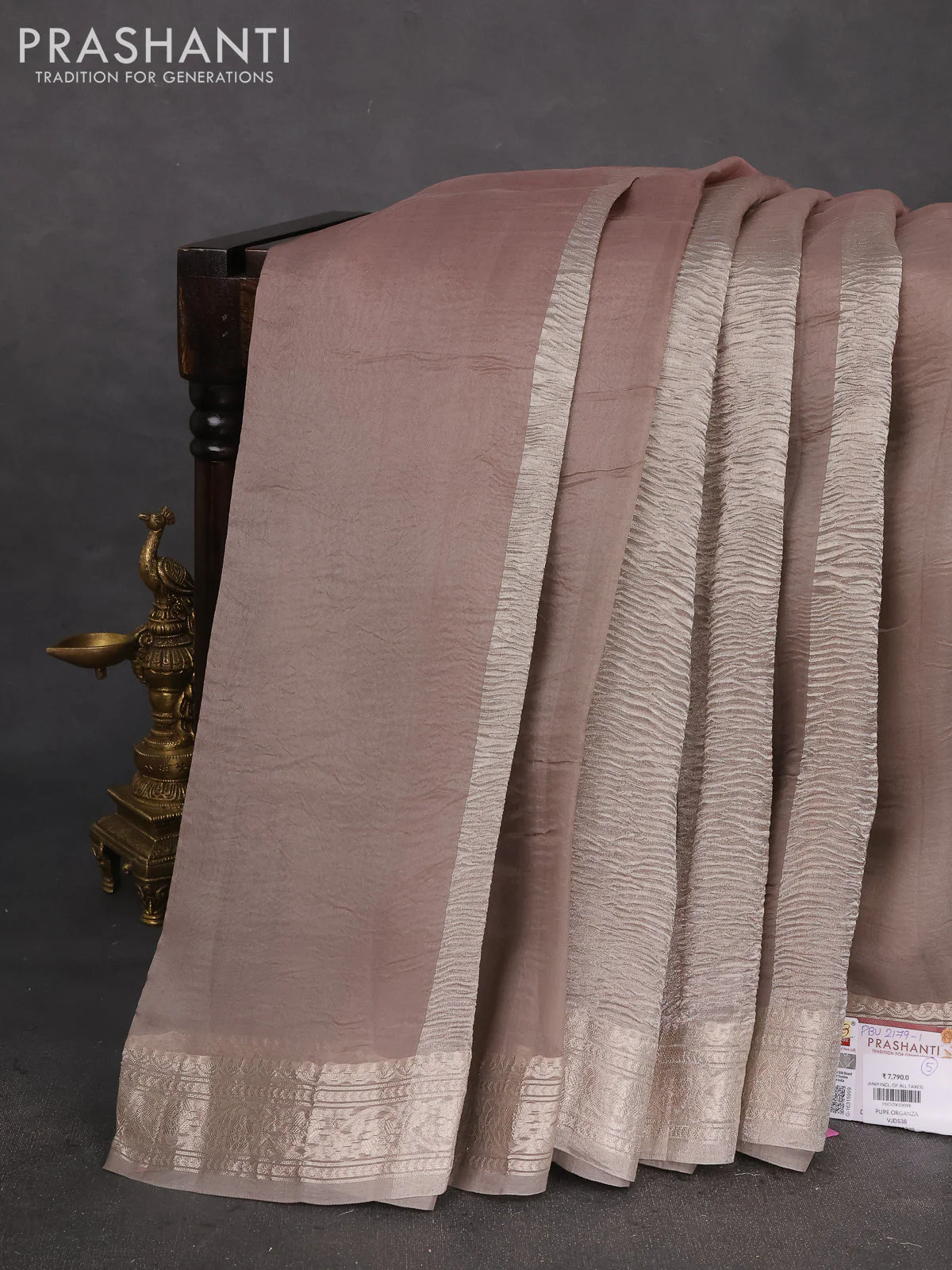 Pure organza partly silk saree grey and pastel peach with silver zari stripe pattern and silver zari woven border - Image 2