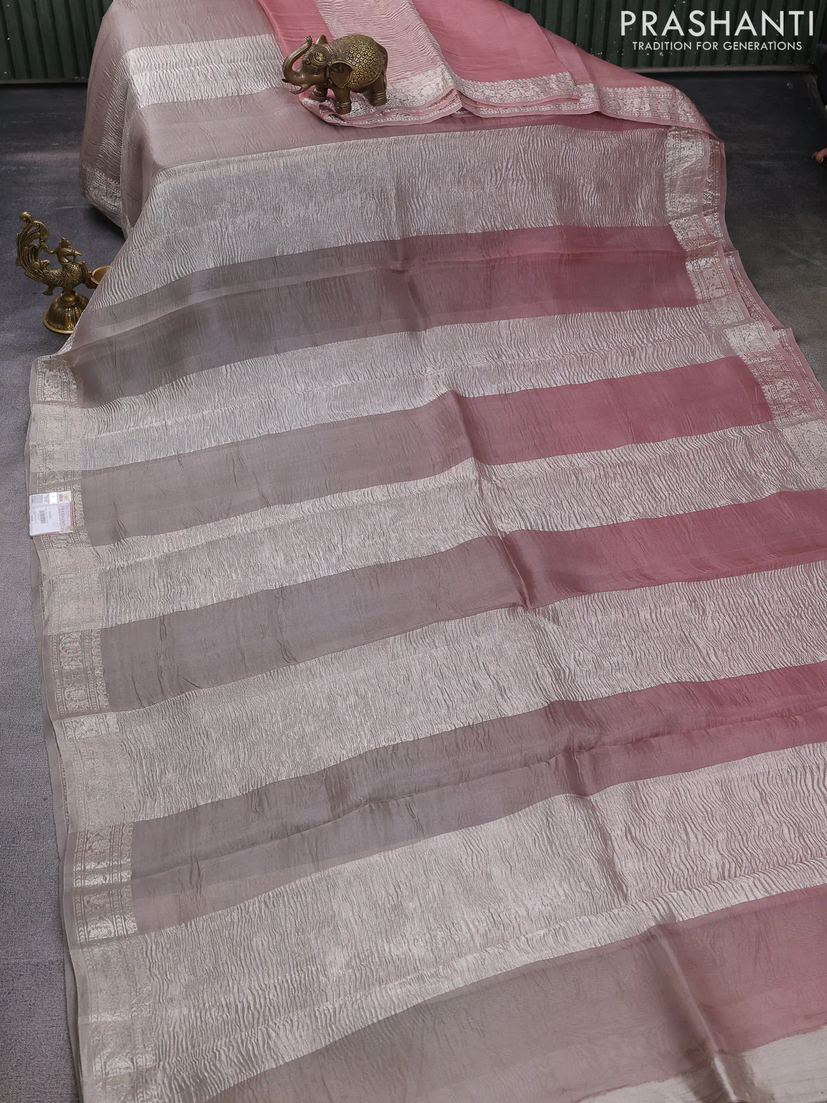 Pure organza partly silk saree grey and pastel peach with silver zari stripe pattern and silver zari woven border - Image 3
