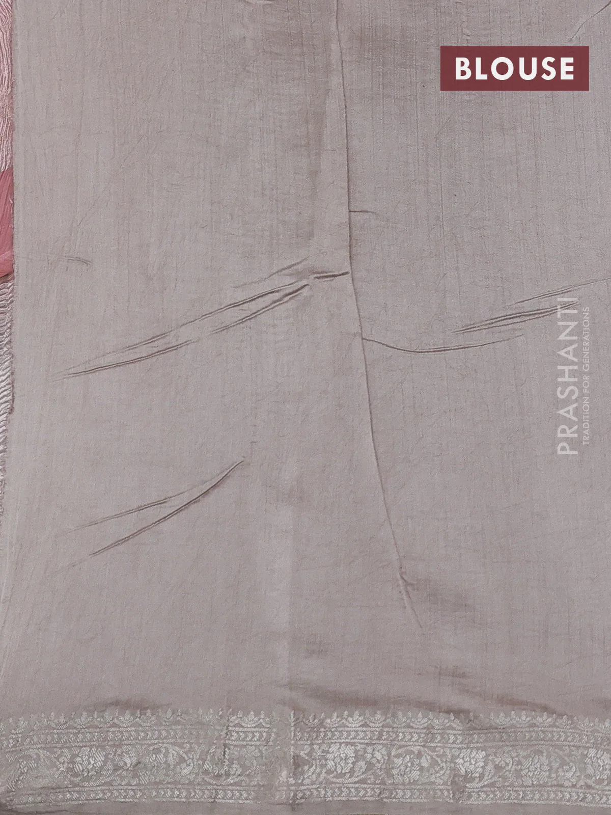 Pure organza partly silk saree grey and pastel peach with silver zari stripe pattern and silver zari woven border - Image 4