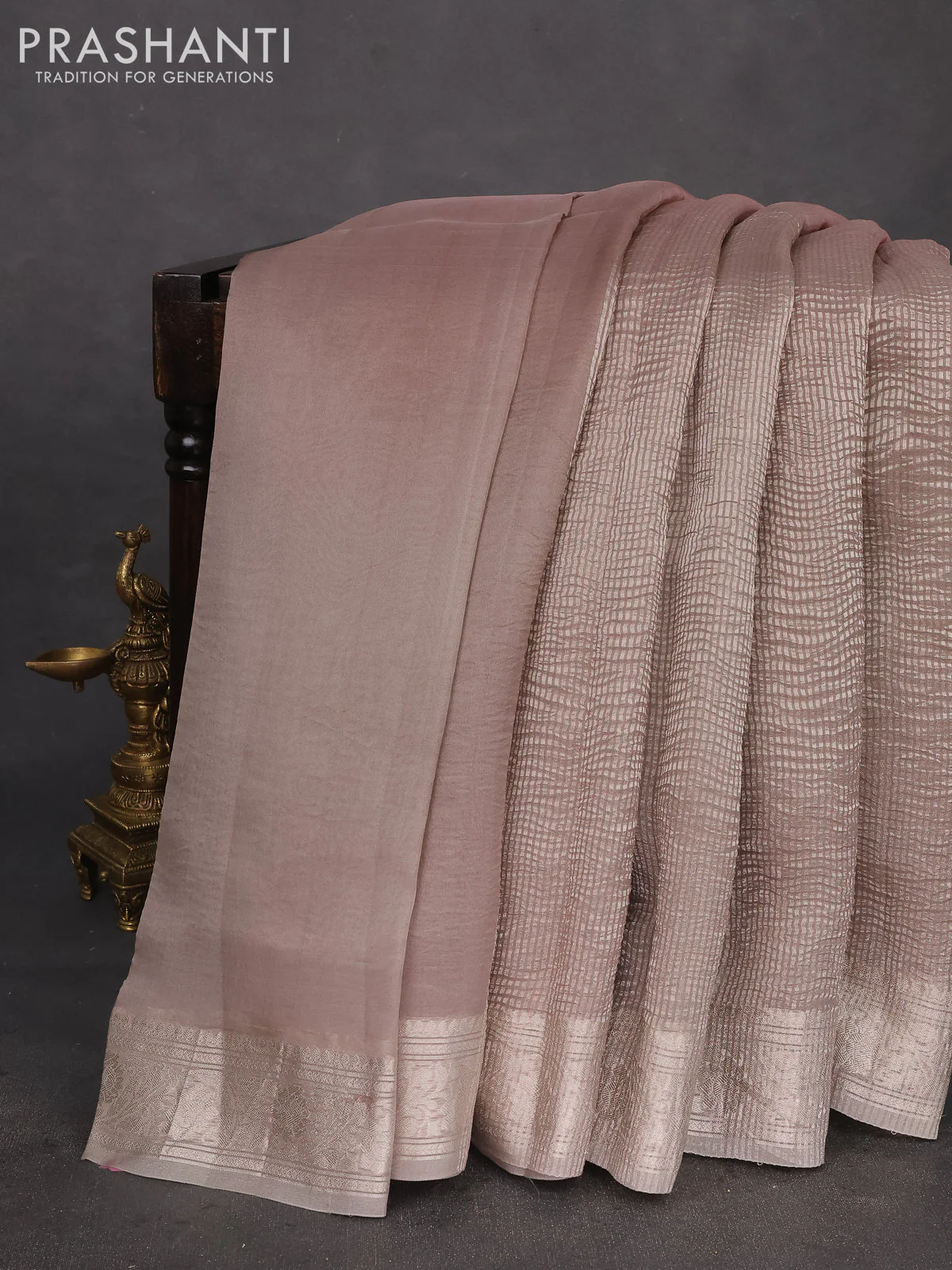 Pure organza partly silk saree grey shade and paste peach with allover silver zari weaves and silver zari woven border - Image 2