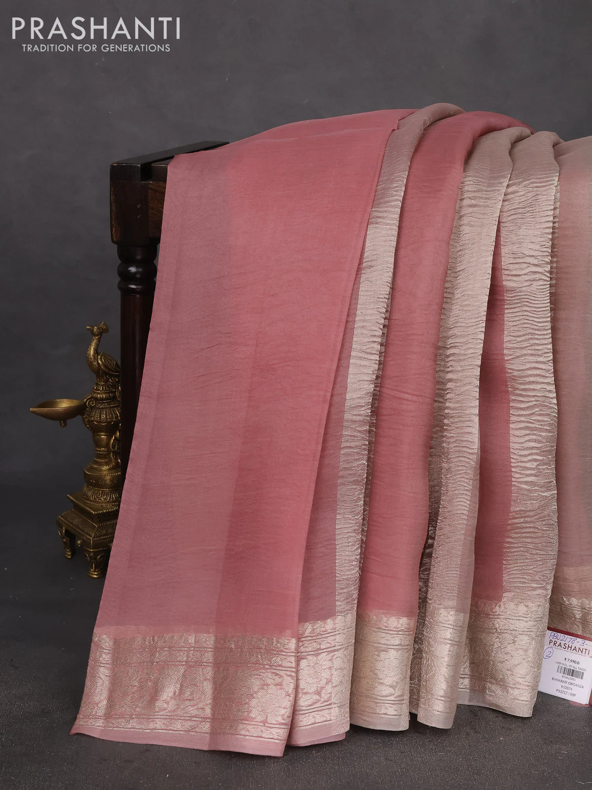 Pure organza partly silk saree pastel peach and grey shade with silver zari stripe pattern and silver zari woven border - Image 2