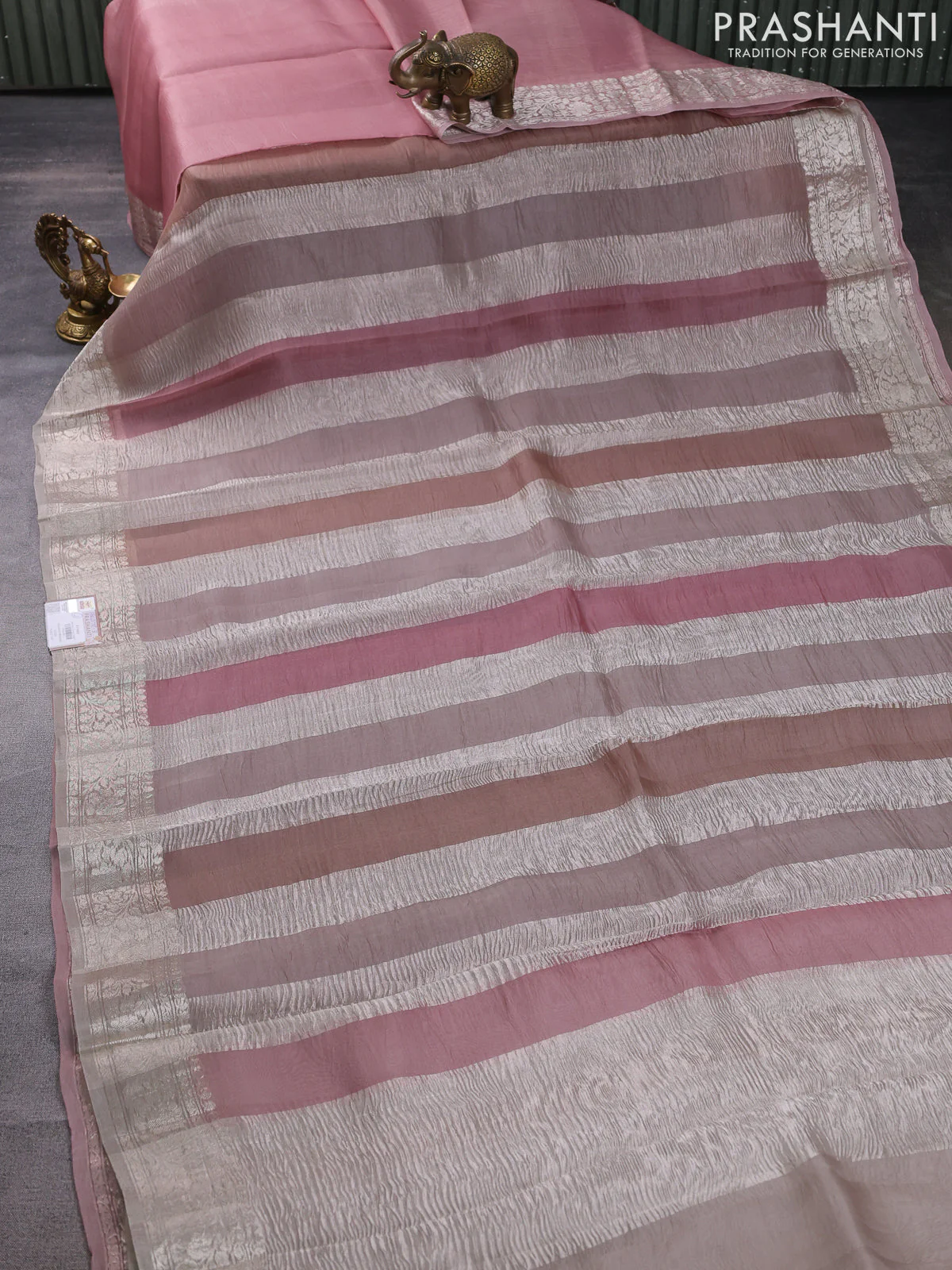 Pure organza partly silk saree pastel peach and grey shade with silver zari stripe pattern and silver zari woven border - Image 3