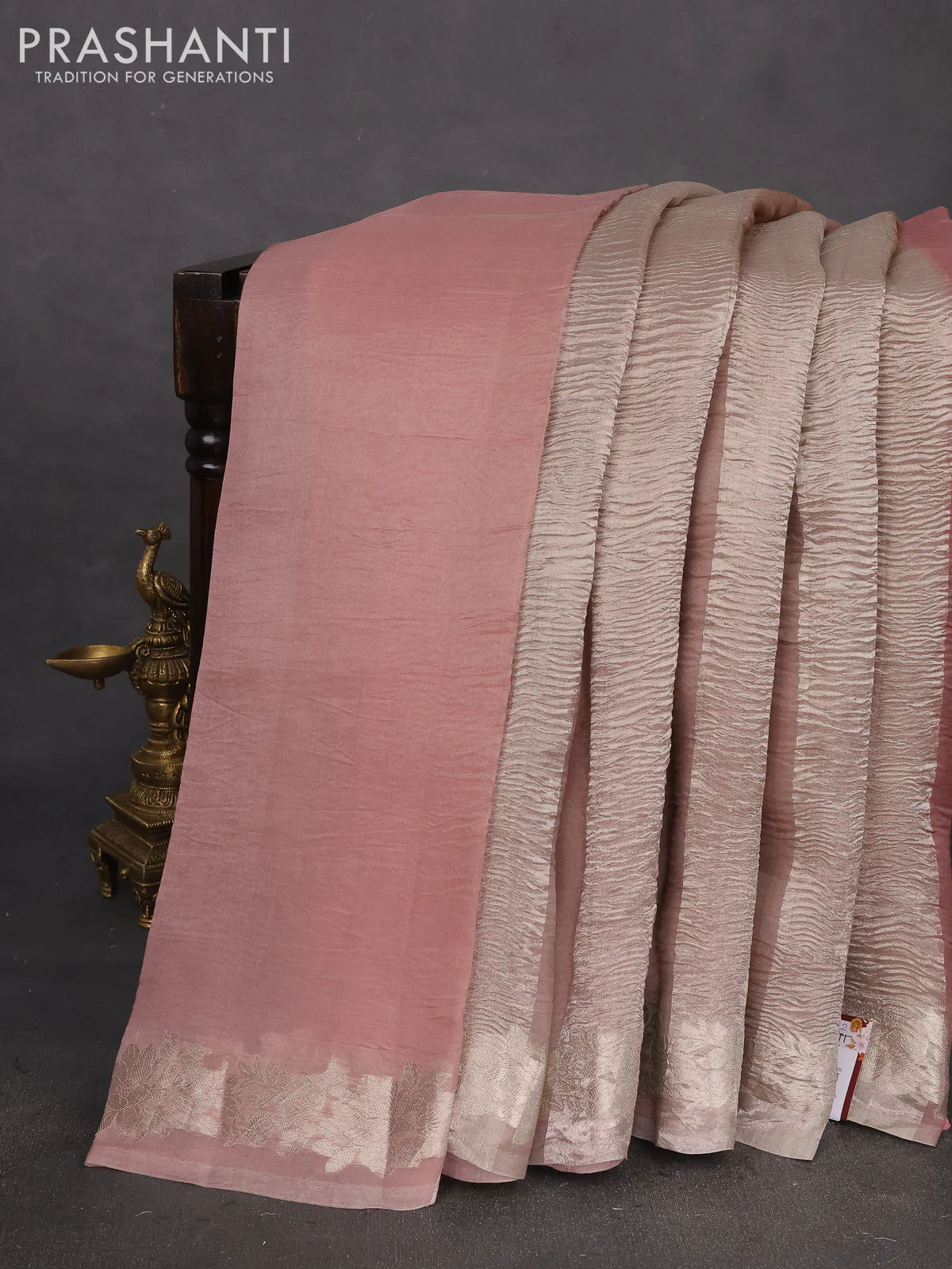 Pure organza partly silk saree pastel peach and grey shade with silver zari stripe pattern and silver zari woven floral border - Image 2