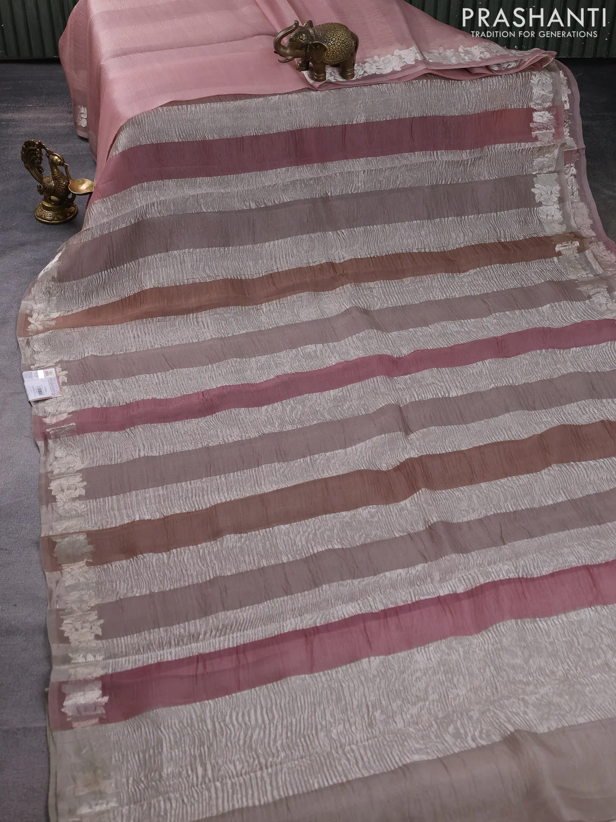 Pure organza partly silk saree pastel peach and grey shade with silver zari stripe pattern and silver zari woven floral border - Image 3