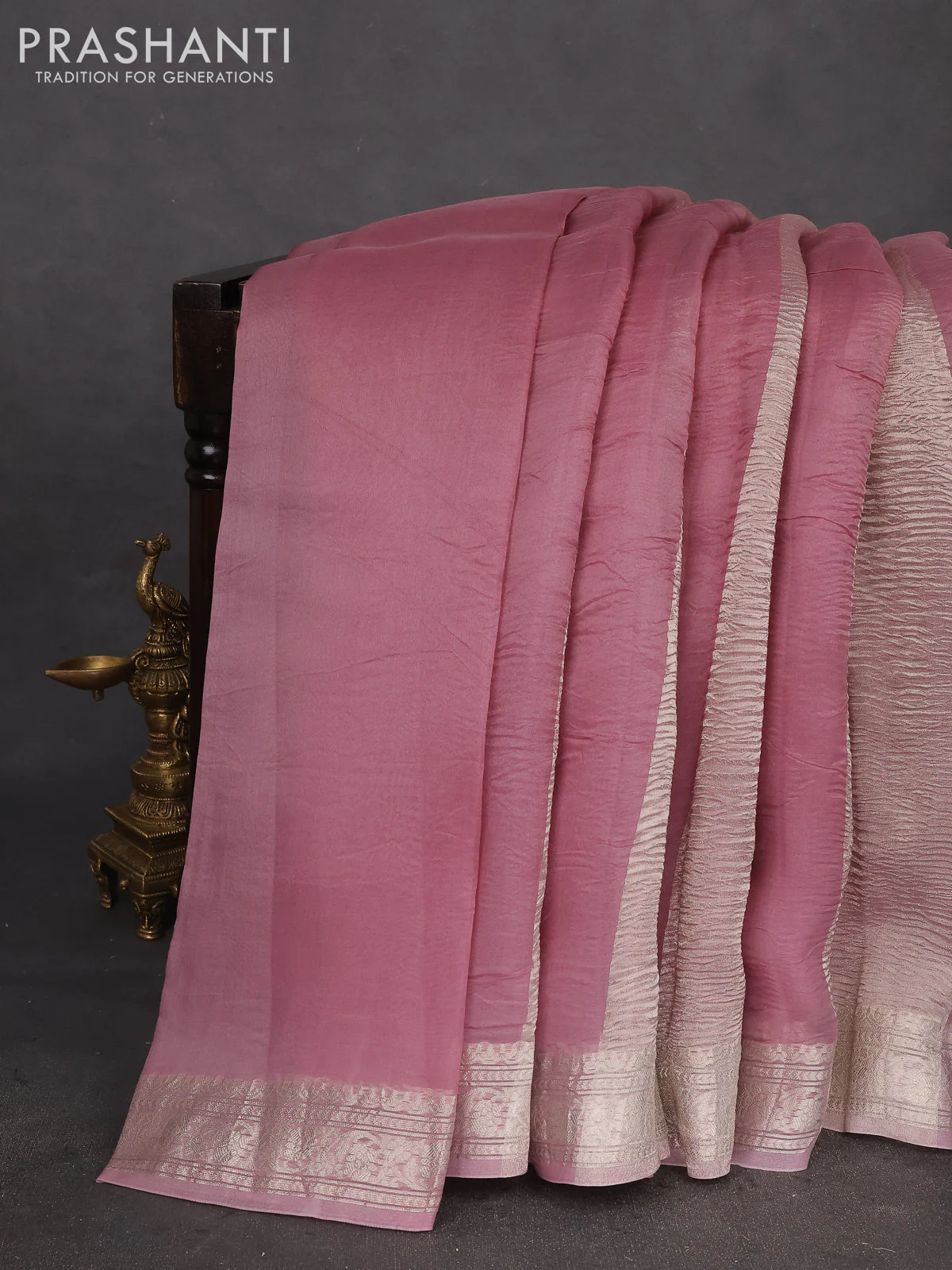 Pure organza partly silk saree pastel peach and pastel pink with silver zari stripe pattern and silver zari woven border - Image 2