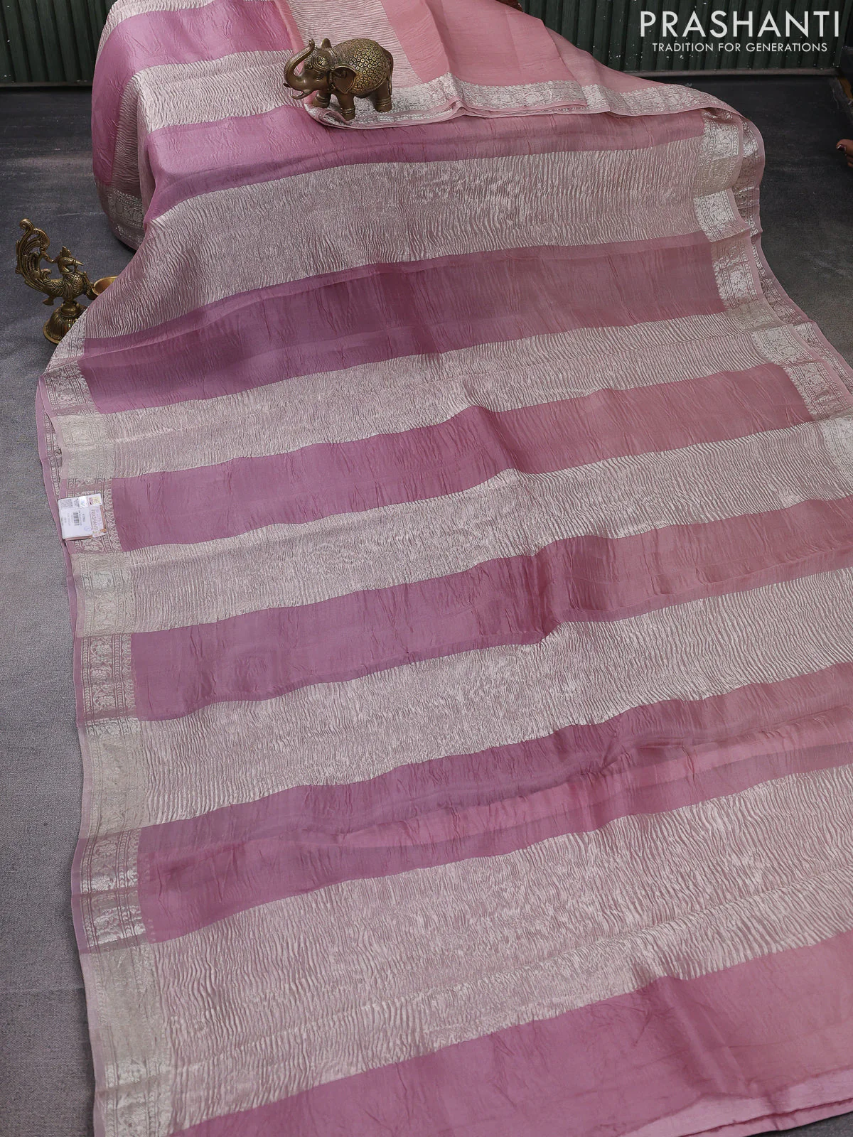 Pure organza partly silk saree pastel peach and pastel pink with silver zari stripe pattern and silver zari woven border - Image 3