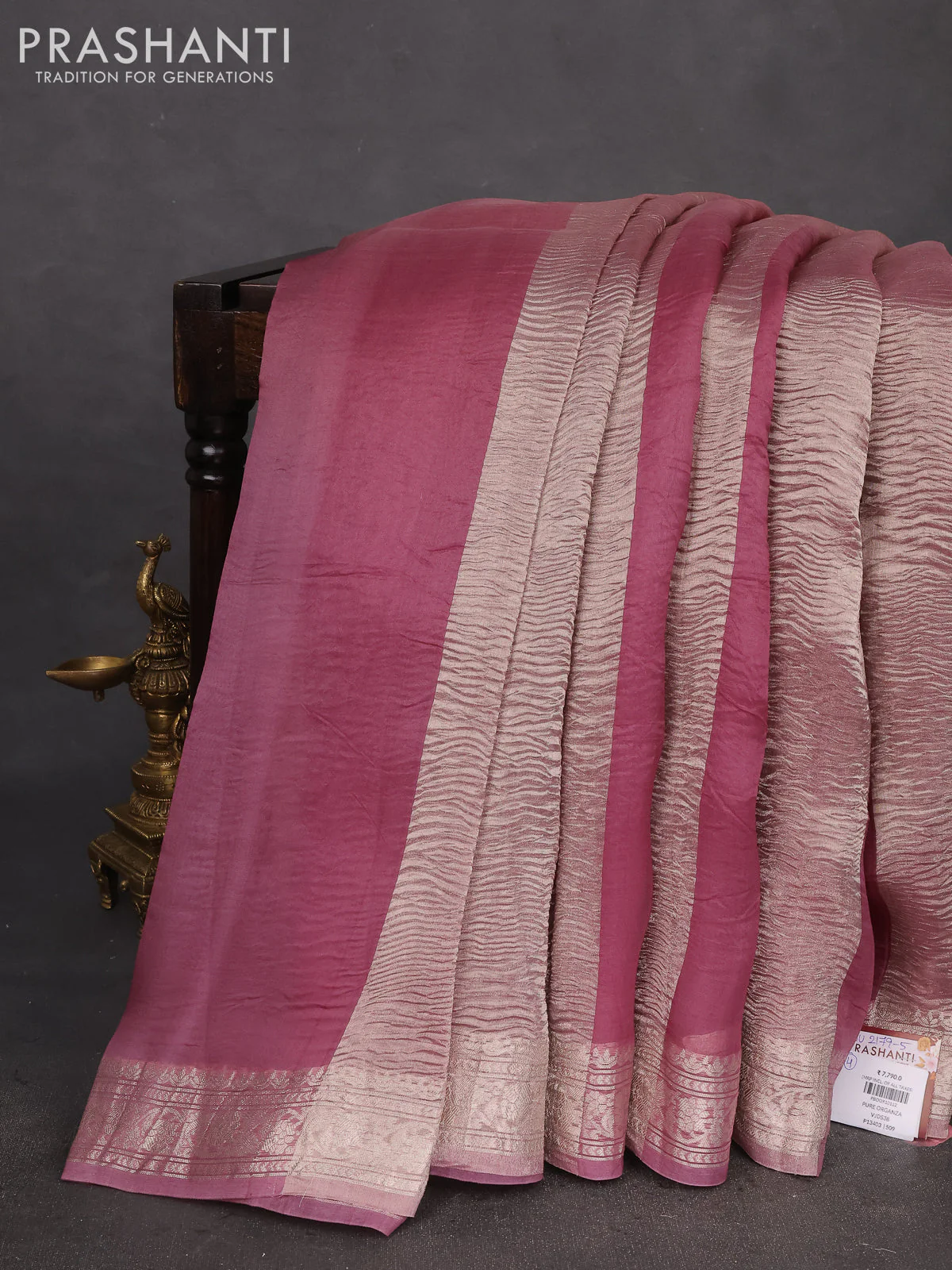 Pure organza partly silk saree pastel peach and pastel pink with silver zari stripe pattern and silver zari woven border - Image 2
