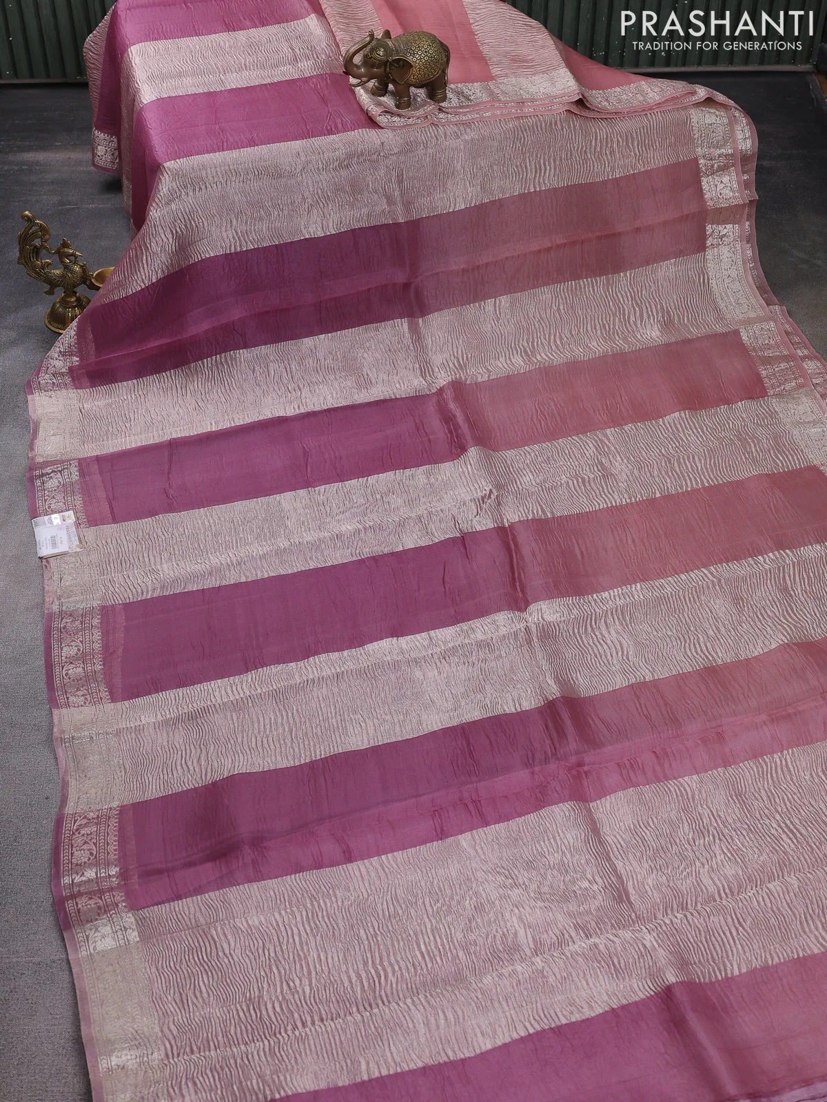 Pure organza partly silk saree pastel peach and pastel pink with silver zari stripe pattern and silver zari woven border - Image 3