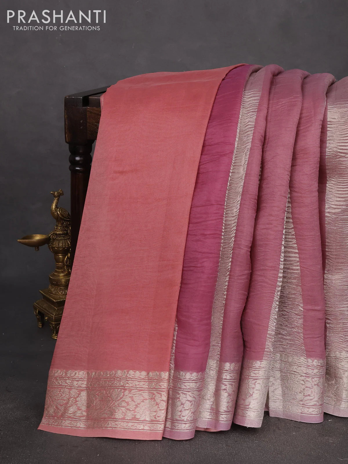 Pure organza partly silk saree pastel pink and pastel peach with silver zari stripe pattern and silver zari woven border - Image 2