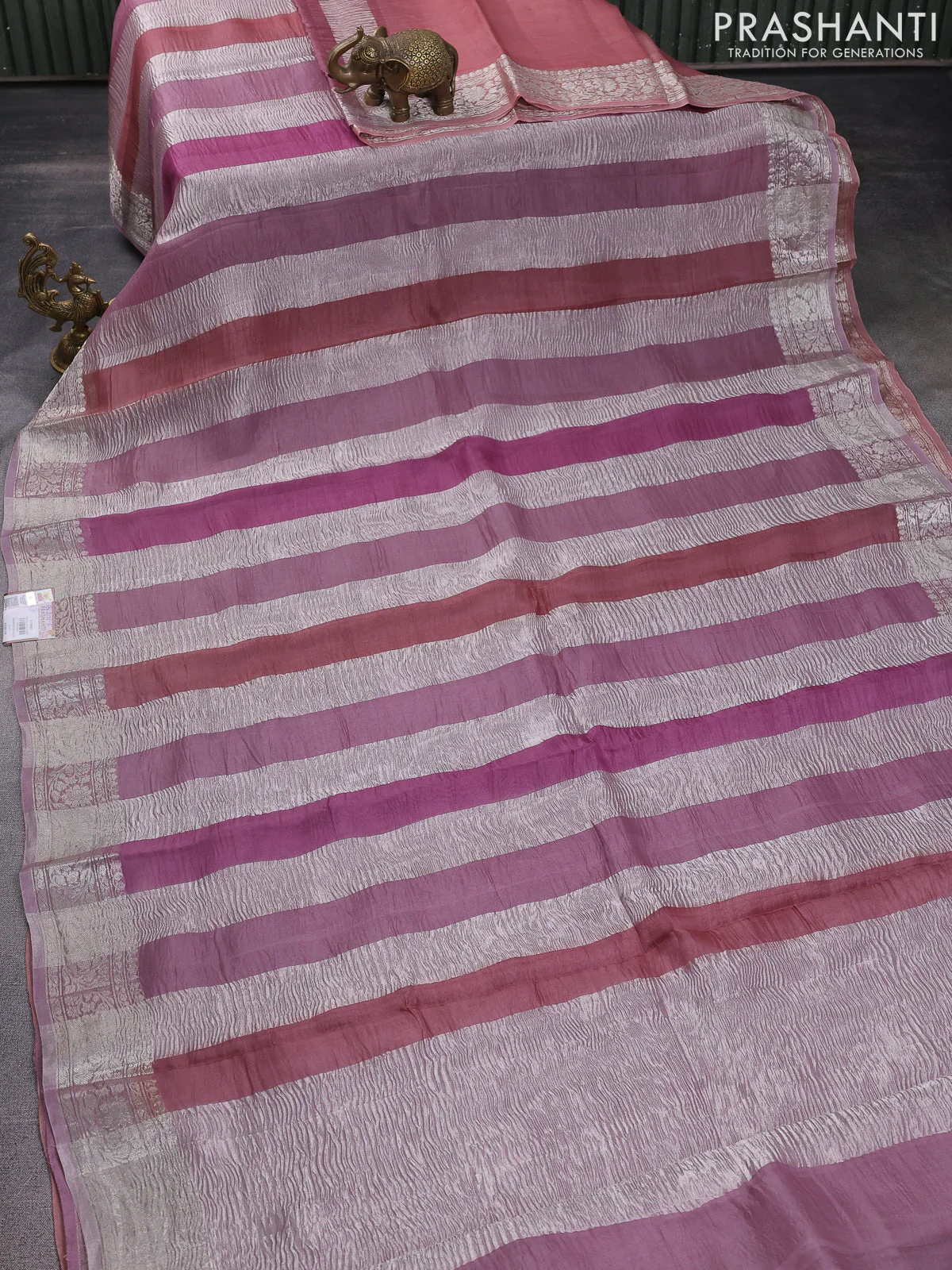 Pure organza partly silk saree pastel pink and pastel peach with silver zari stripe pattern and silver zari woven border - Image 3