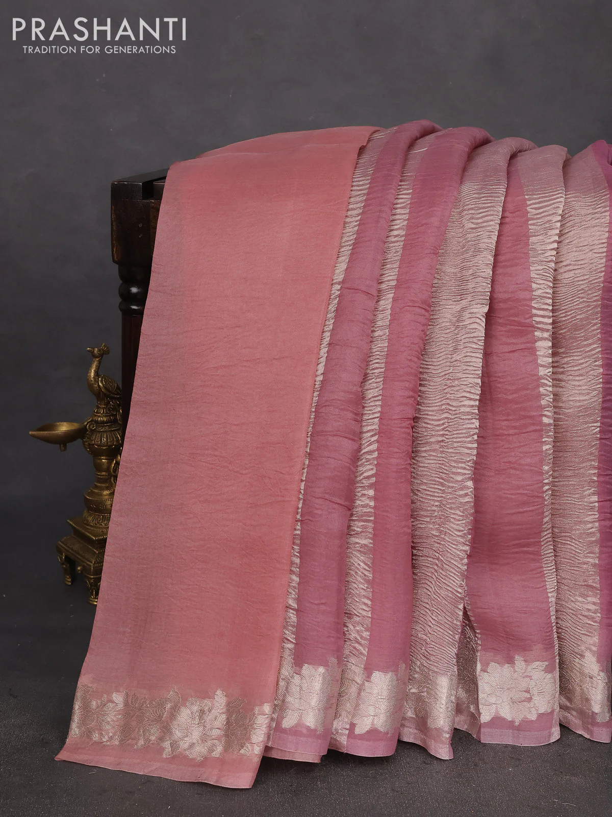 Pure organza partly silk saree pastel pink and pastel peach with silver zari stripe pattern and silver zari woven floral border - Image 2