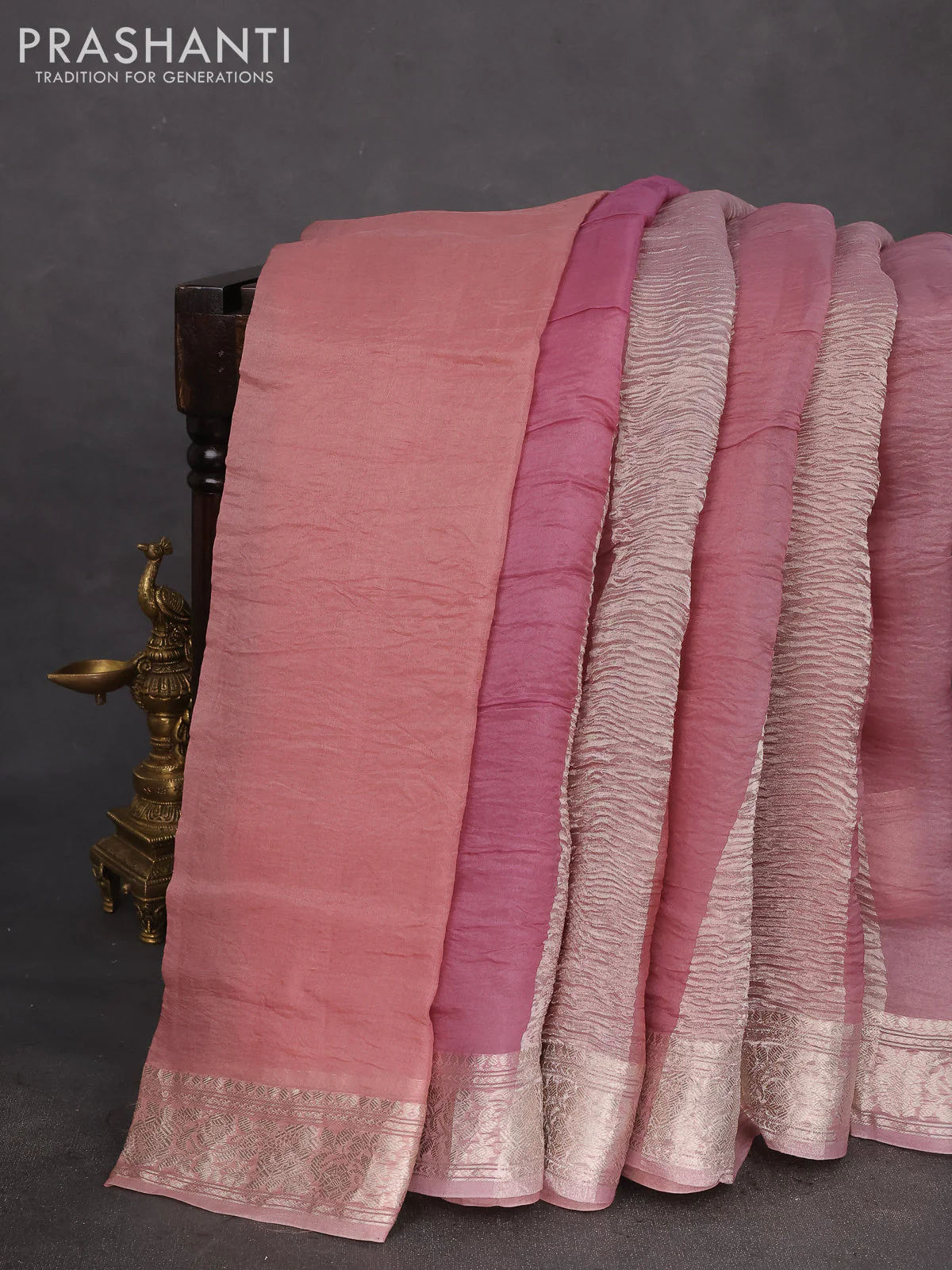 Pure organza partly silk saree pastel pink with allover silver zari weaves and silver zari woven border - Image 2