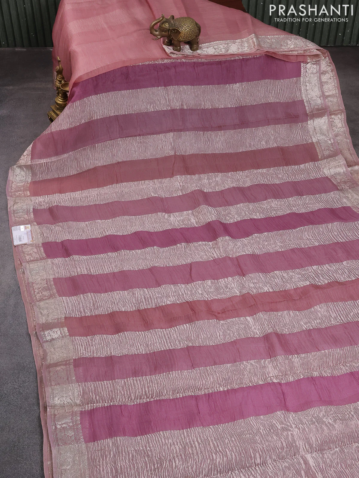 Pure organza partly silk saree pastel pink with allover silver zari weaves and silver zari woven border - Image 3