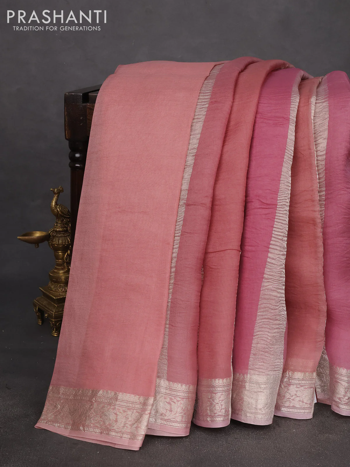 Pure organza partly silk saree pastel pink with silver zari stripe pattern and silver zari woven border - Image 2