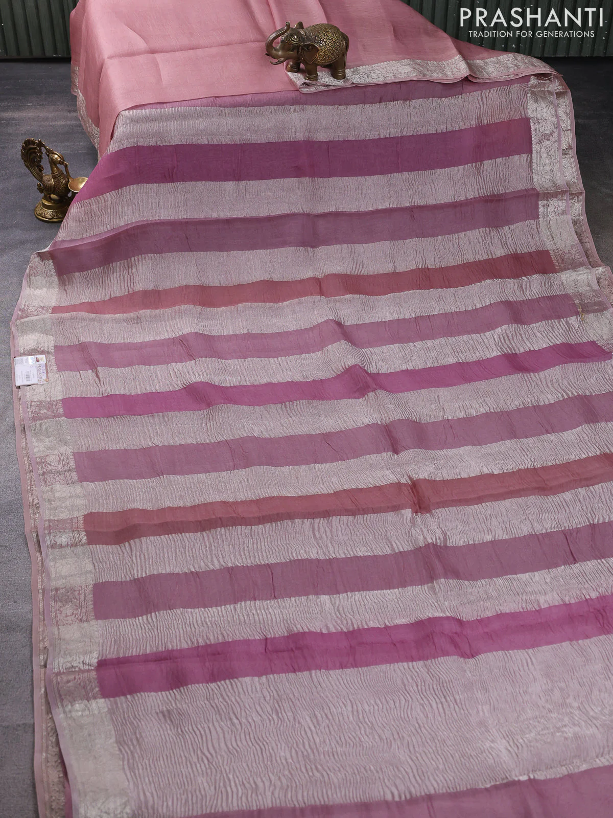 Pure organza partly silk saree pastel pink with silver zari stripe pattern and silver zari woven border - Image 3