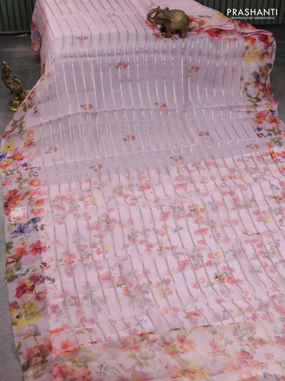 Pure organza silk saree baby pink with allover zari strip & floral digital prints and floral digital printed border - Image 2