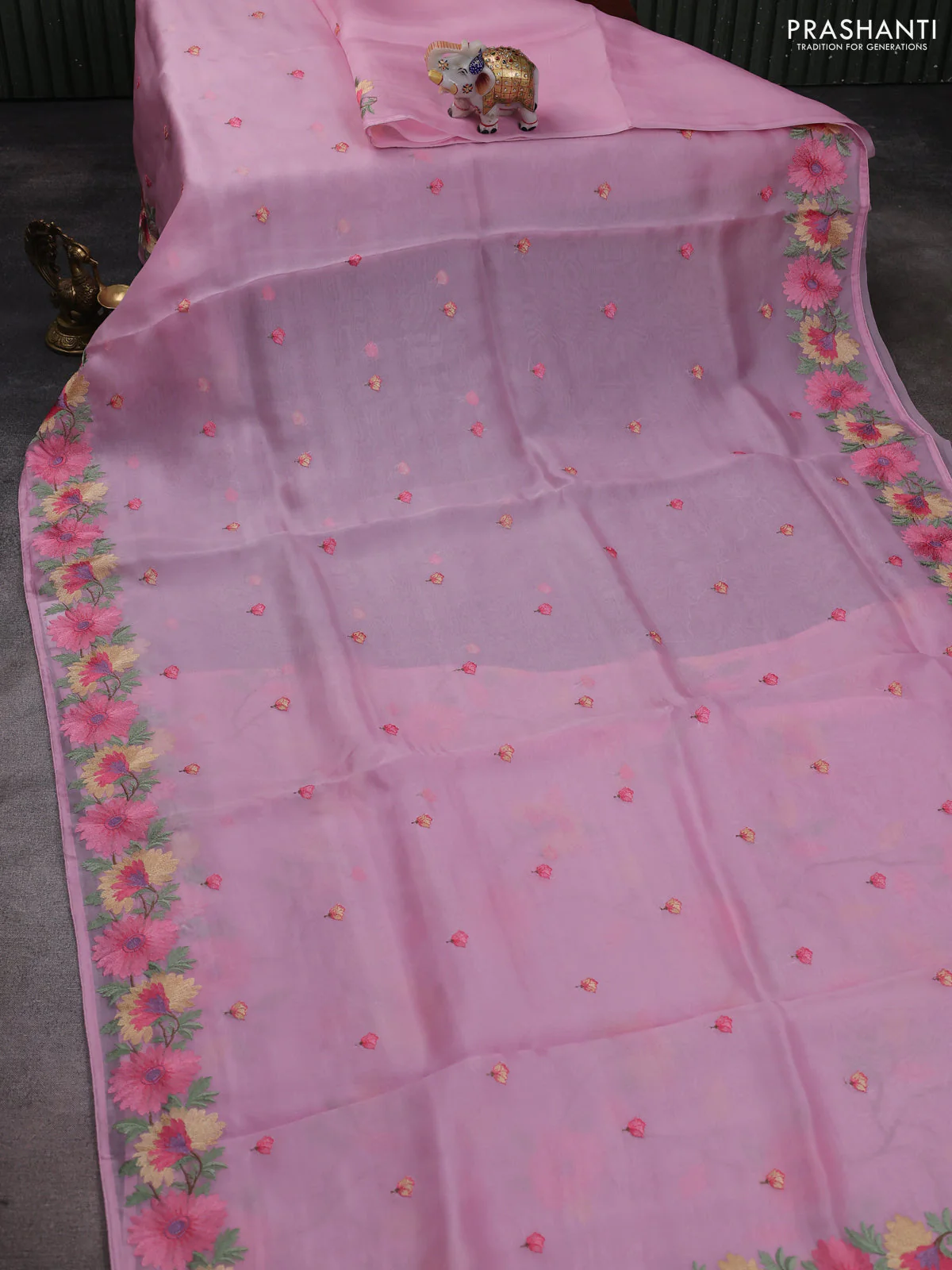 Pure organza silk saree baby pink with thread woven embroidery buttas and floral embroidery border - Image 2