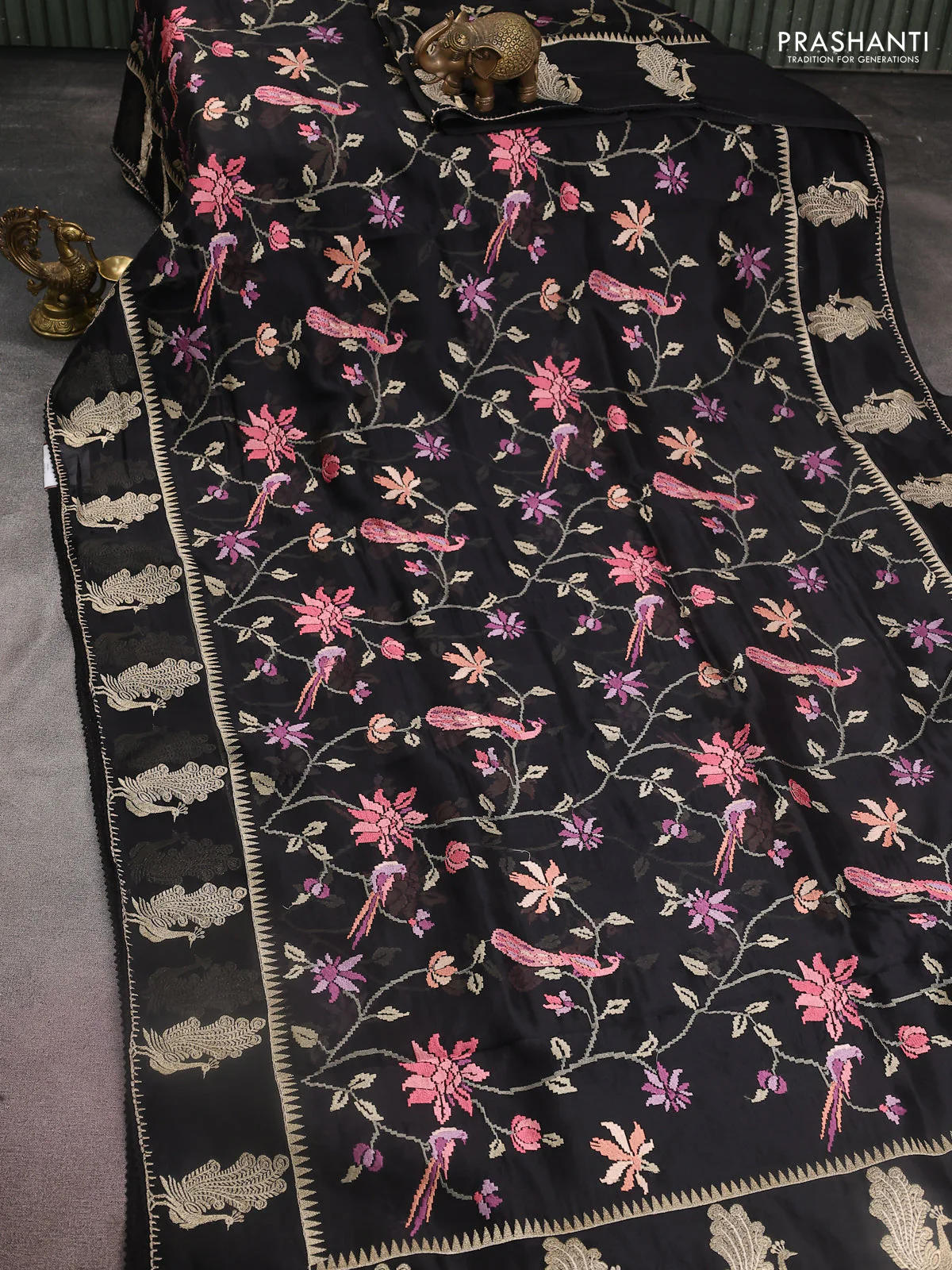 Pure organza silk saree black with allover embroidery and zari woven butta border - Image 2