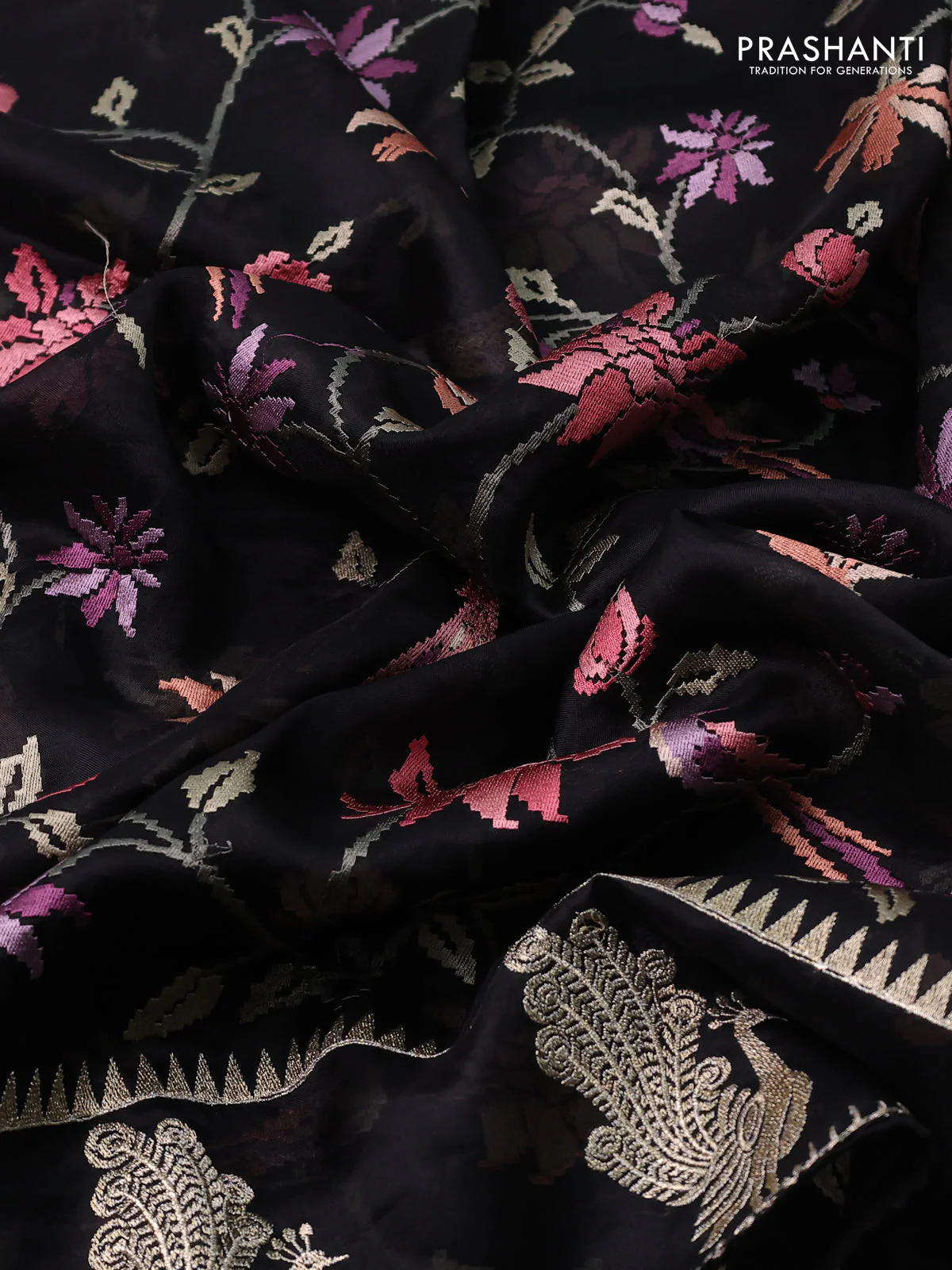 Pure organza silk saree black with allover embroidery and zari woven butta border - Image 3