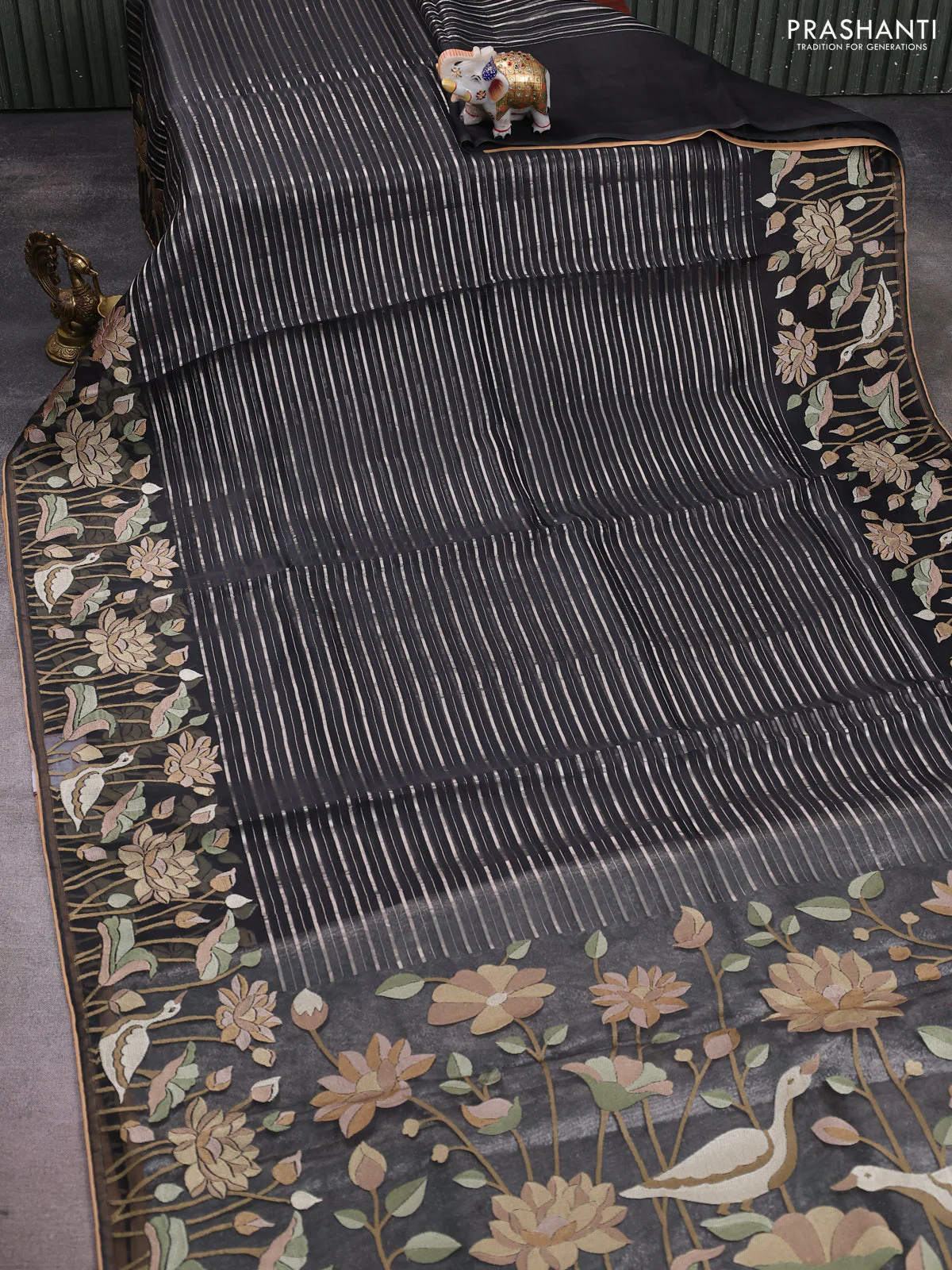 Pure organza silk saree black with allover silver zari weaves and floral embroidery border - Image 2
