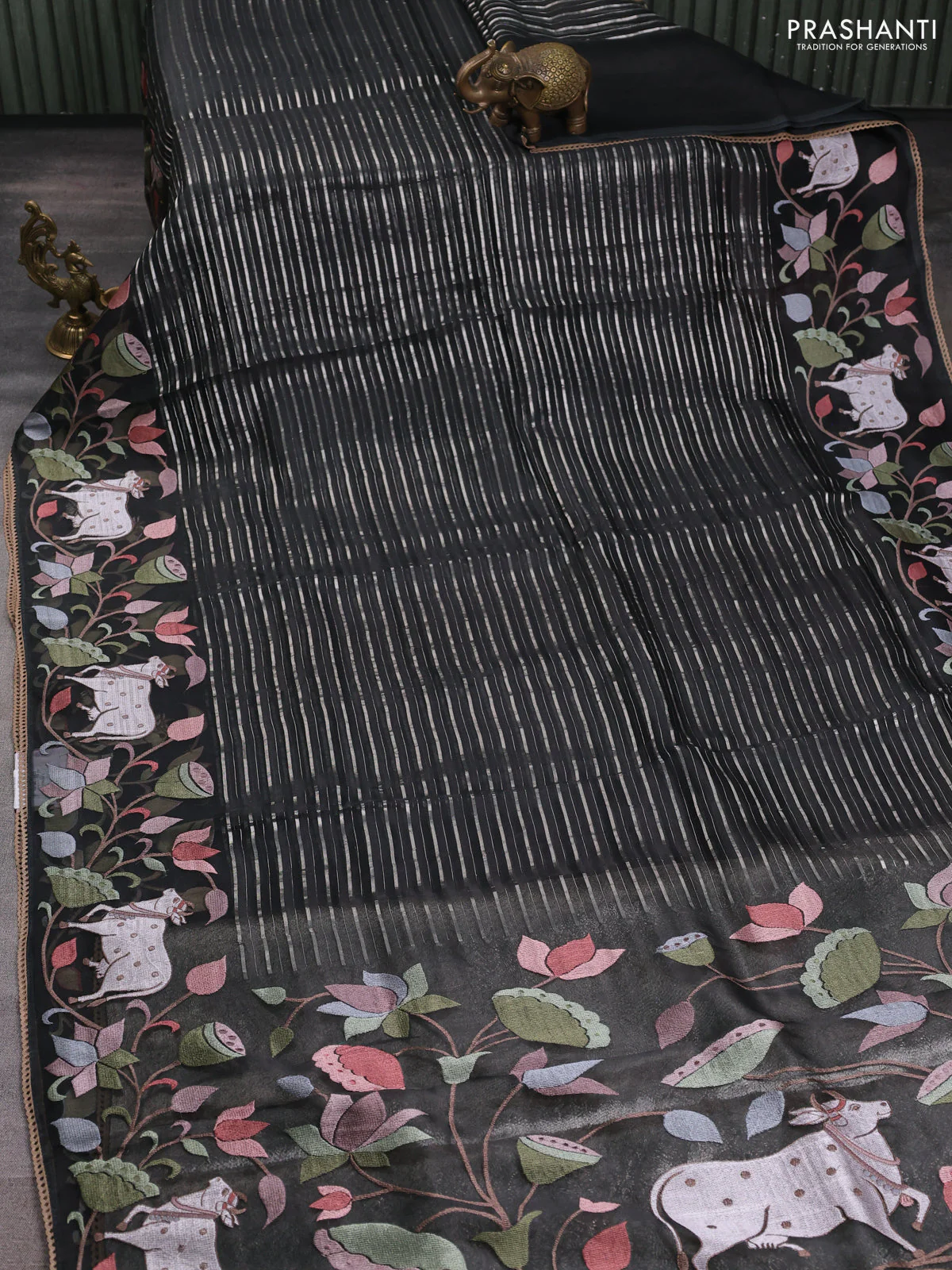 Pure organza silk saree black with allover silver zari weaves and pichwai embroidery border - Image 2