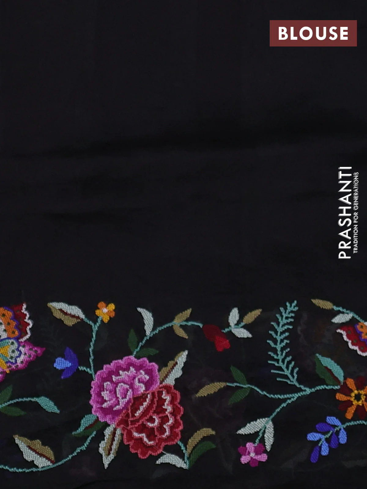 Pure organza silk saree black with allover zari weaves and floral embroidery border - Image 3