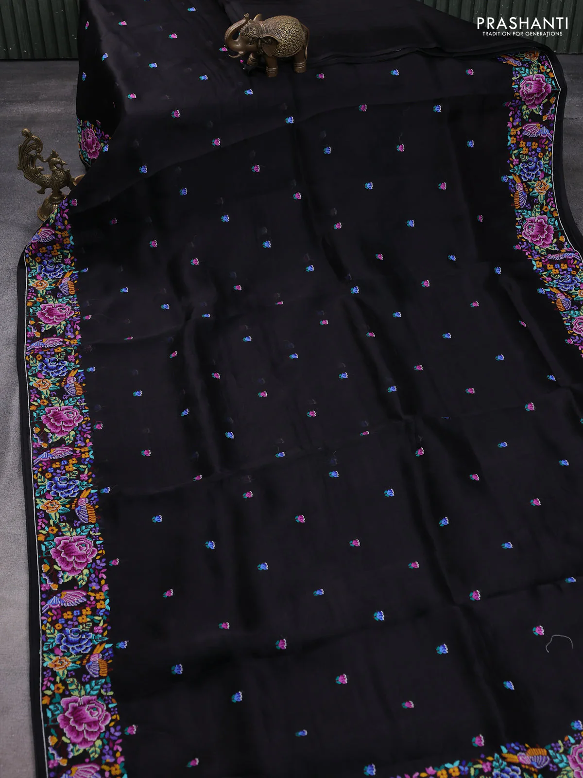 Pure organza silk saree black with embroidery buttas and convent embroidery border - Image 2