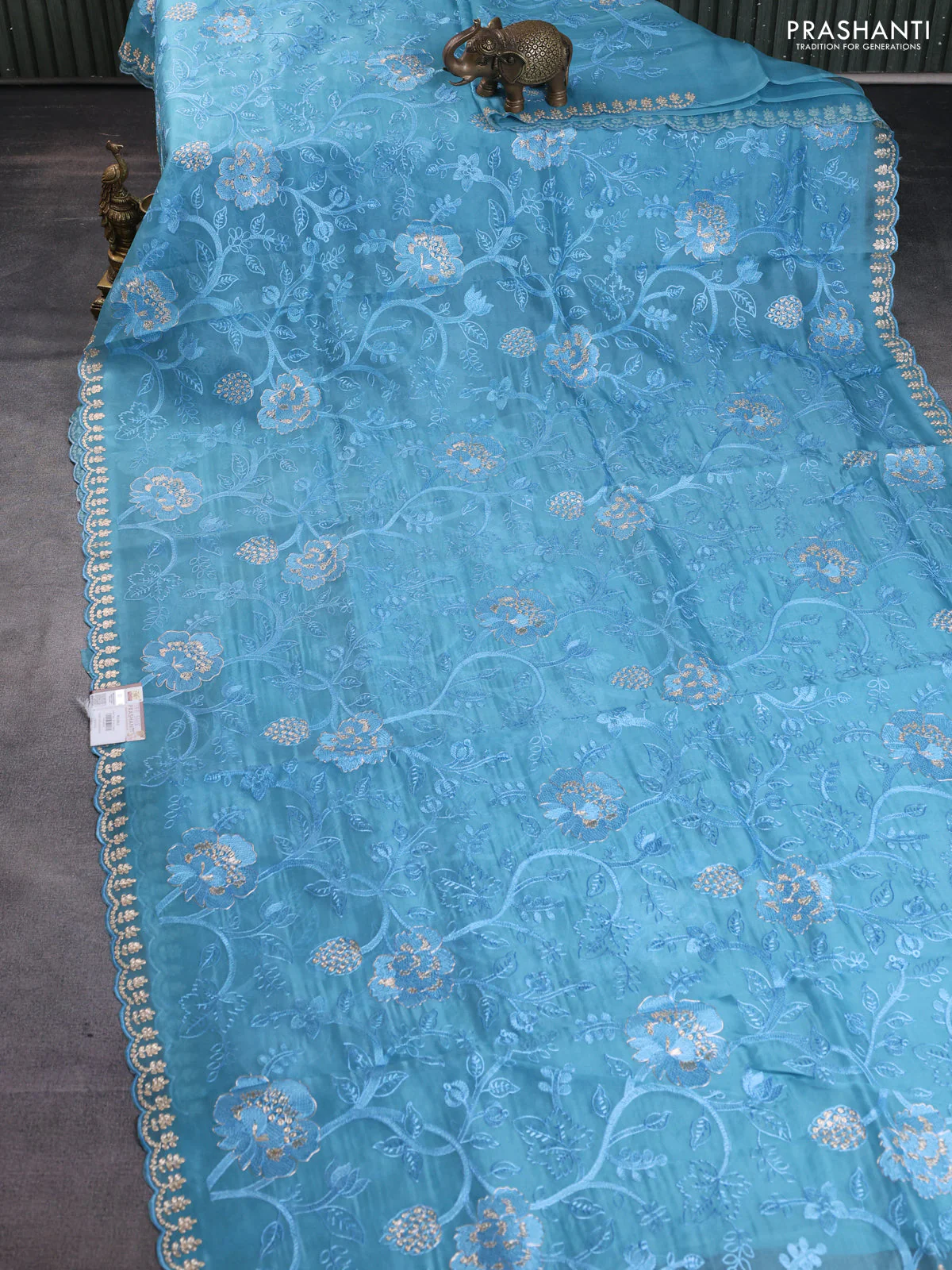 Pure organza silk saree blue shade with allover embroidery and embroidery border - Image 2