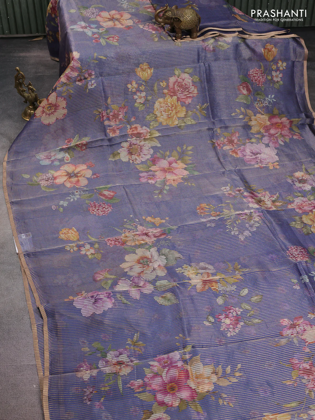 Pure organza silk saree blue with floral digital prints & zari stripe pattern and zari woven piping border - Image 2
