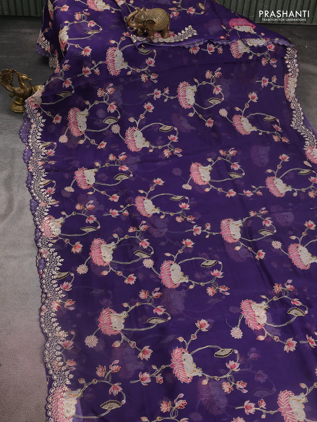 Pure organza silk saree blue with pichwai prints & pita work and embroidery border - Image 2