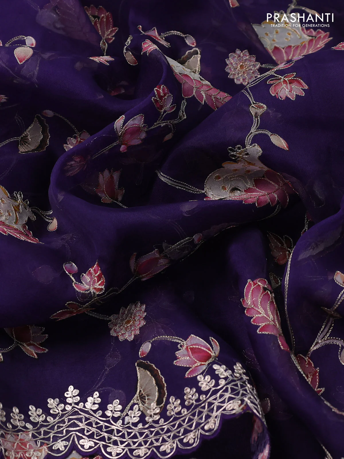 Pure organza silk saree blue with pichwai prints & pita work and embroidery border - Image 3