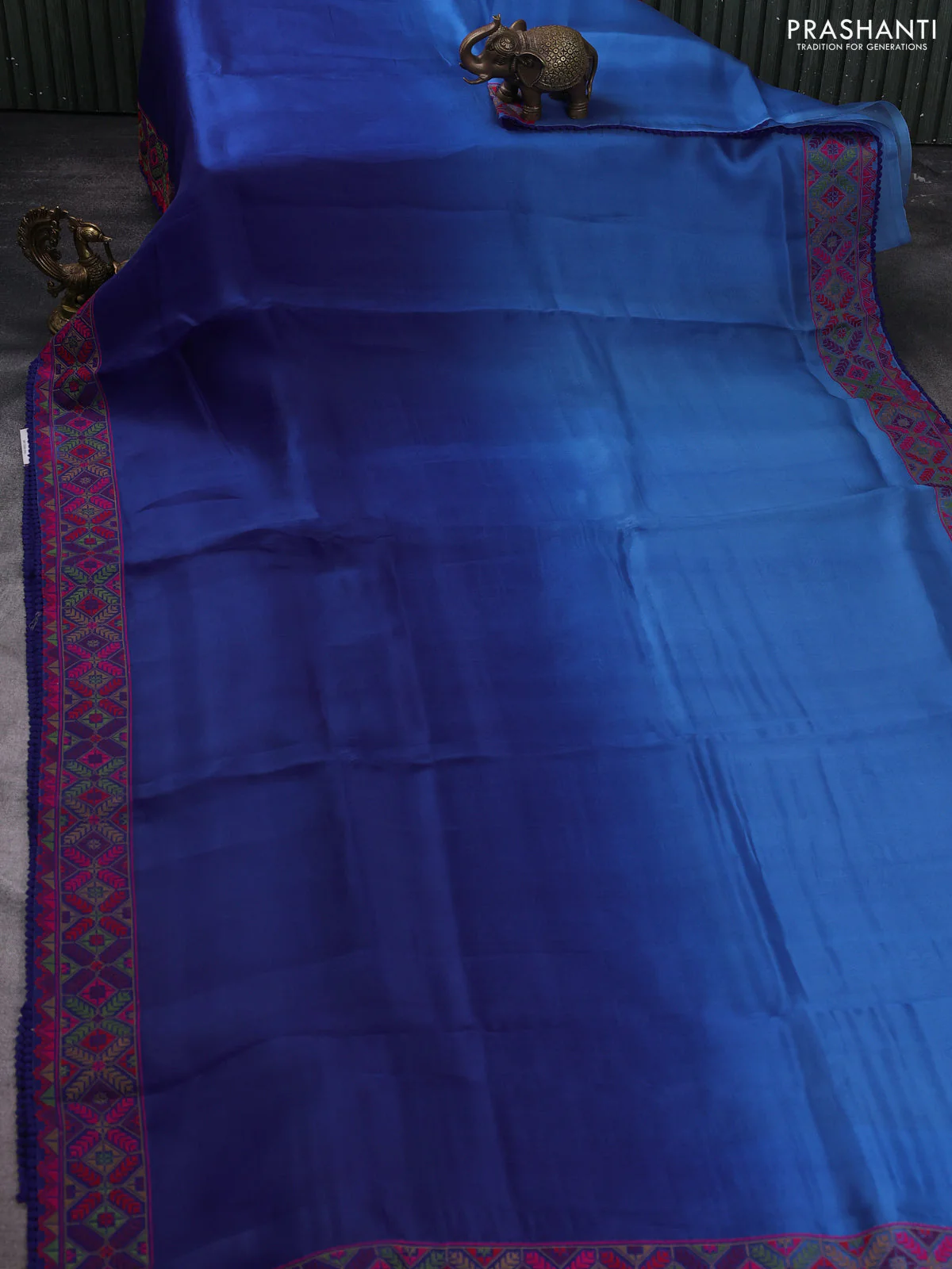 Pure organza silk saree blue with plain body and embroidery work border - Image 2
