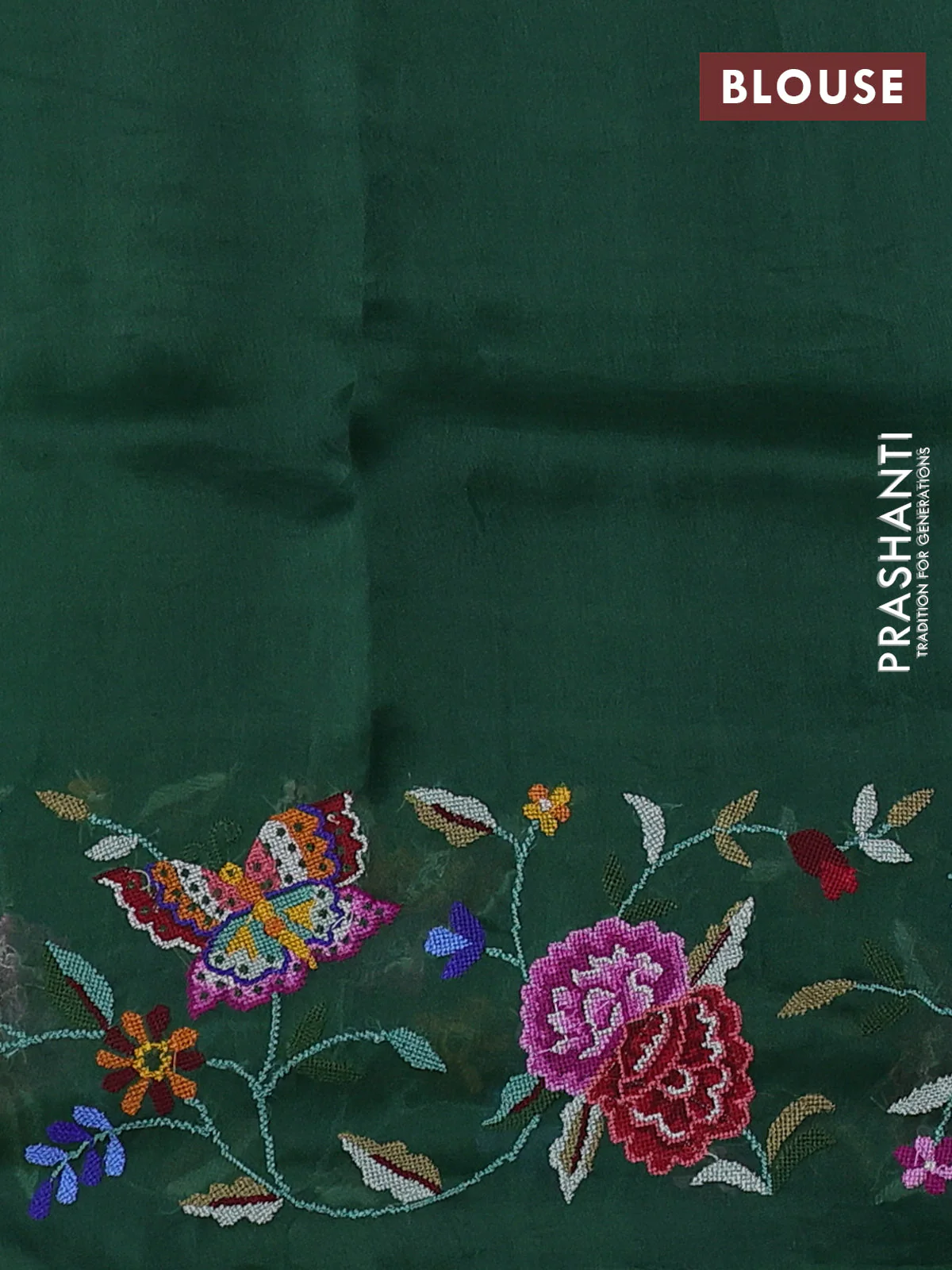 Pure organza silk saree bottle green with allover zari weaves and floral embroidery border - Image 3