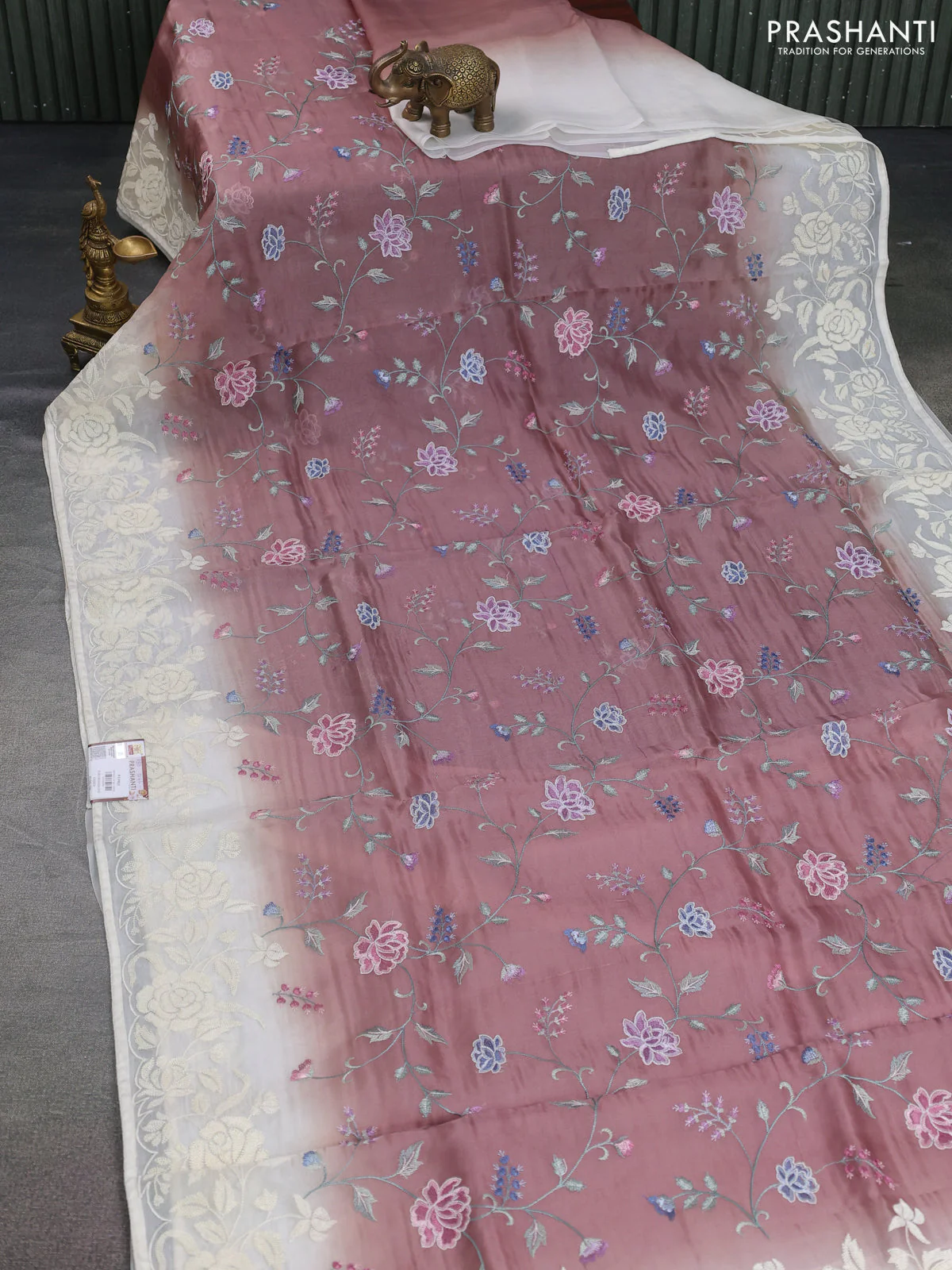 Pure organza silk saree brown shade and cream with allover floral embroidery - Image 2