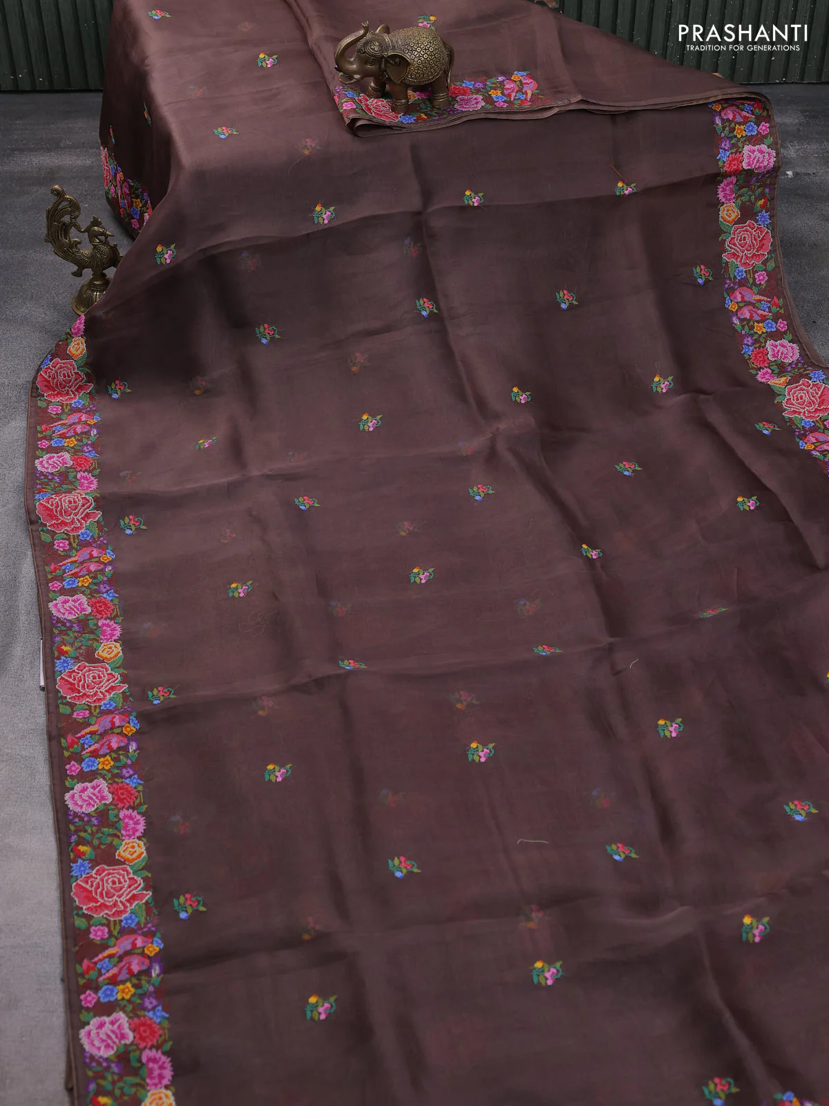 Pure organza silk saree coffee brown with embroidery buttas and convent embroidery border - Image 2