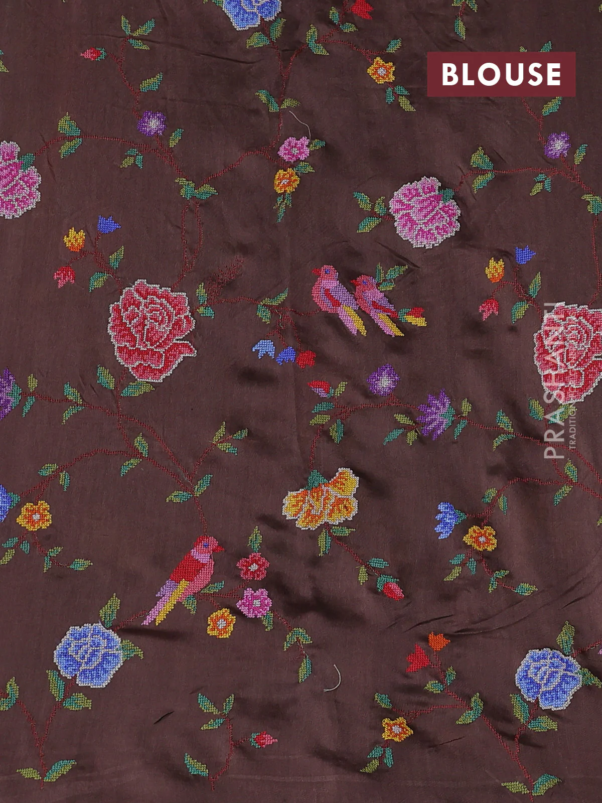 Pure organza silk saree coffee brown with embroidery buttas and convent embroidery border - Image 3