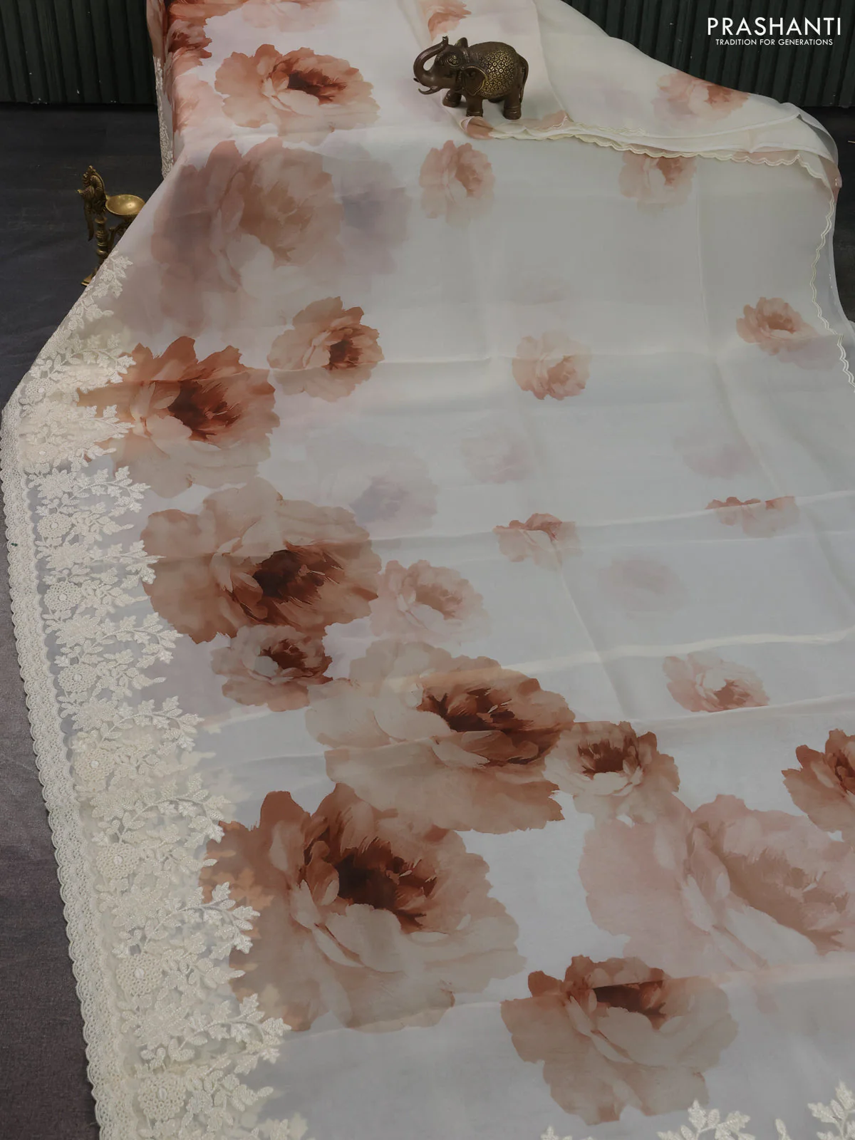 Pure organza silk saree cream with floral prints and floral embroidery border - Image 2