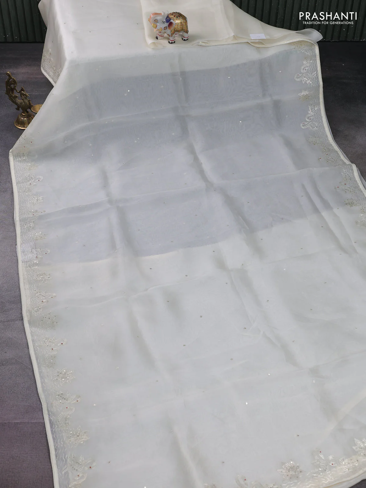 Pure organza silk saree cream with sequin work and zari woven border - Image 2