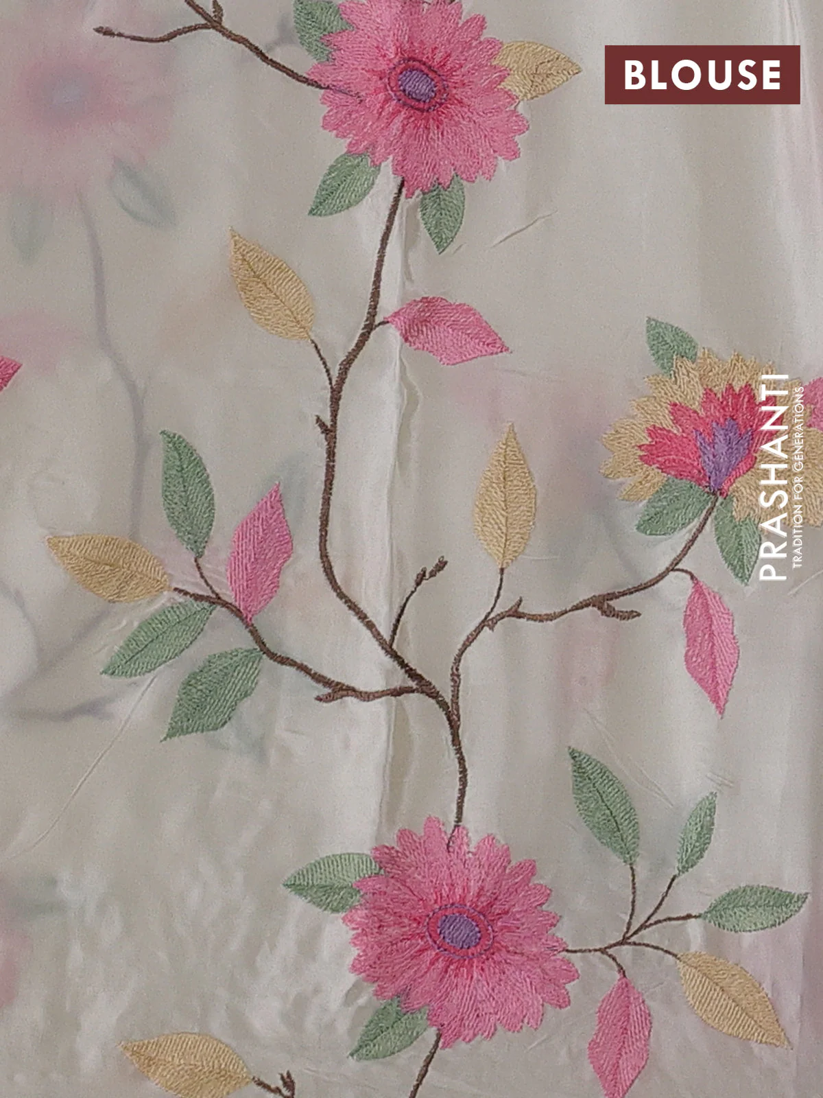 Pure organza silk saree cream with thread woven embroidery buttas and floral embroidery border - Image 3