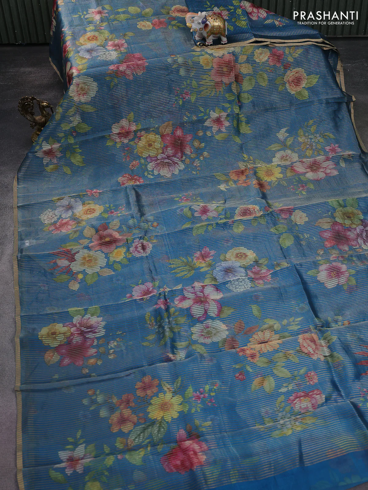 Pure organza silk saree cs blue with floral digital prints & zari stripe pattern and zari woven piping border - Image 2