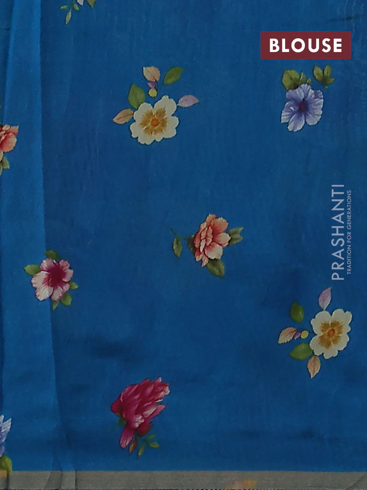 Pure organza silk saree cs blue with floral digital prints & zari stripe pattern and zari woven piping border - Image 3