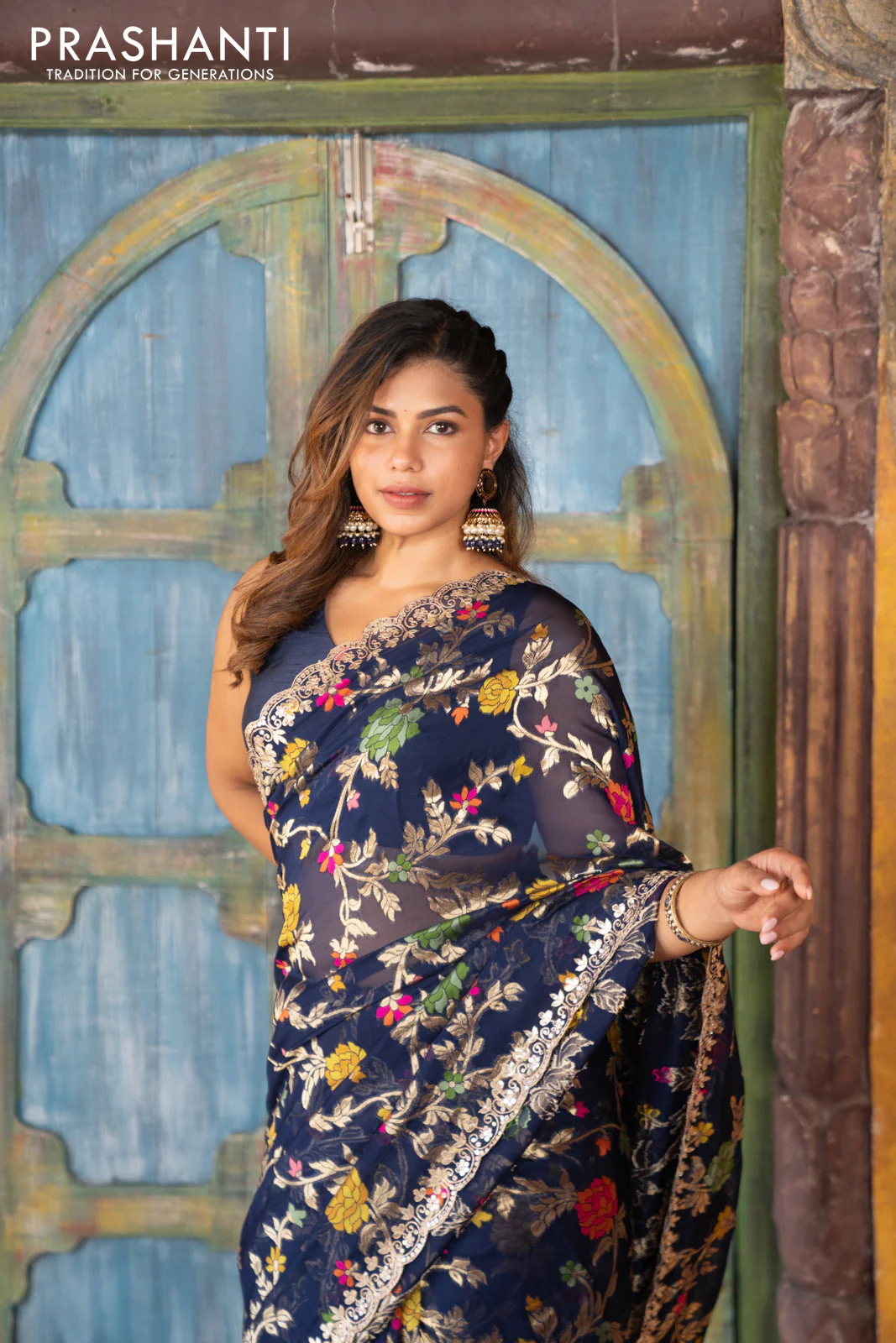 Pure organza silk saree dark blue with allover thread & zari weaves and gottapatti lace & mirror work border - Image 12