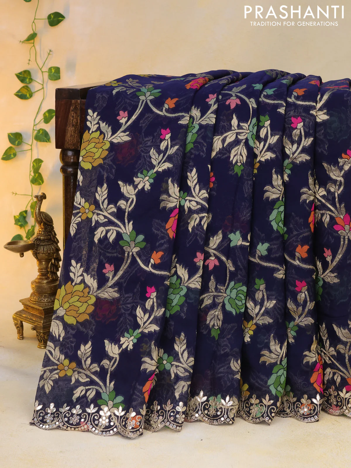 Pure organza silk saree dark blue with allover thread & zari weaves and gottapatti lace & mirror work border - Image 13