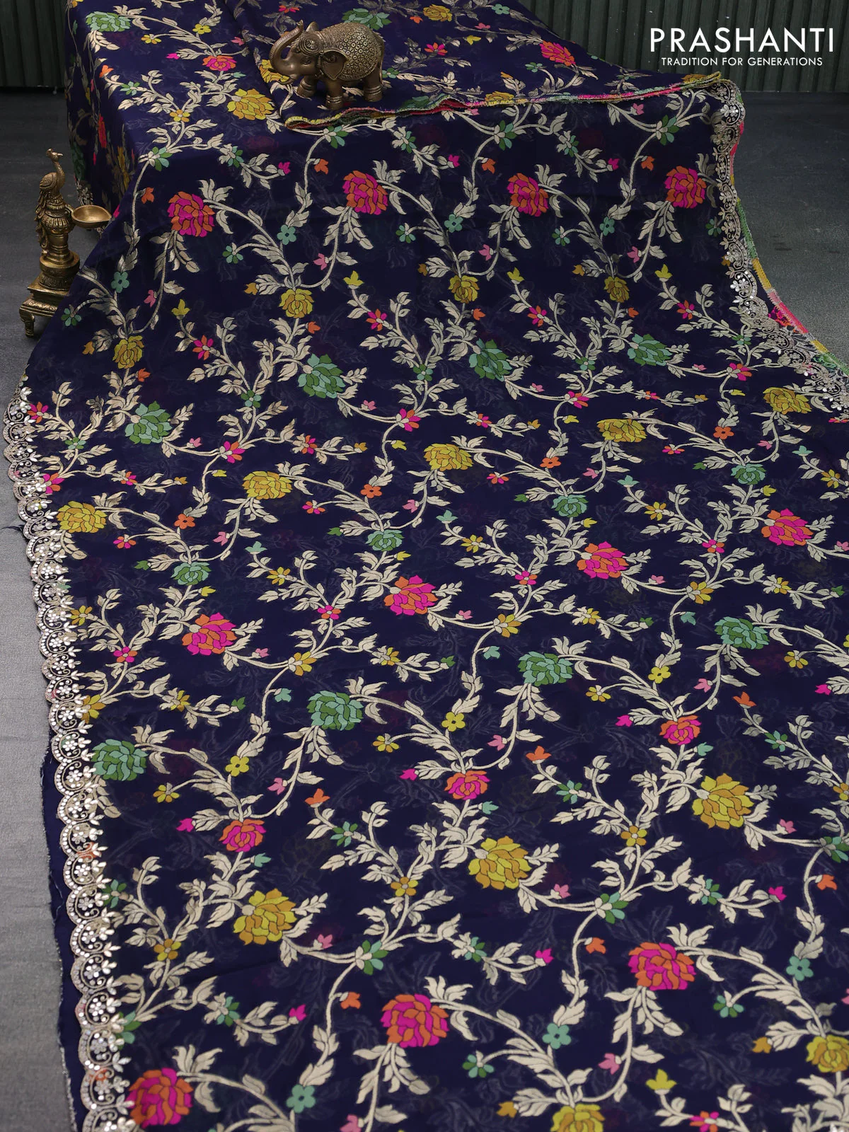 Pure organza silk saree dark blue with allover thread & zari weaves and gottapatti lace & mirror work border - Image 14