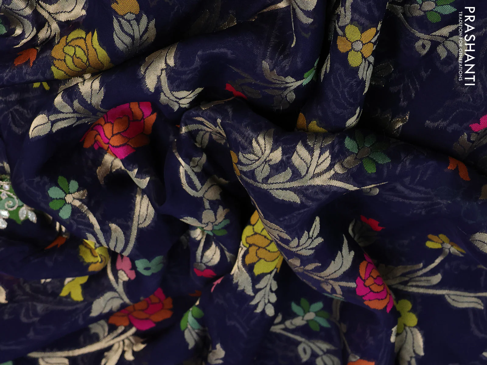 Pure organza silk saree dark blue with allover thread & zari weaves and gottapatti lace & mirror work border - Image 15