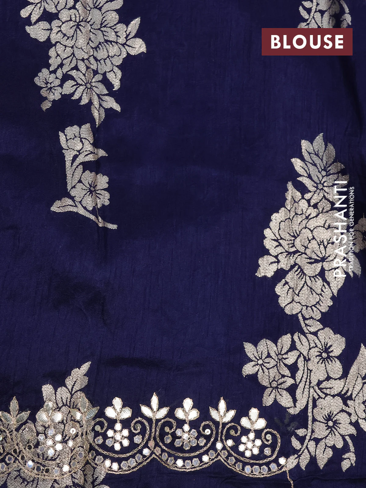 Pure organza silk saree dark blue with allover thread & zari weaves and gottapatti lace & mirror work border - Image 16