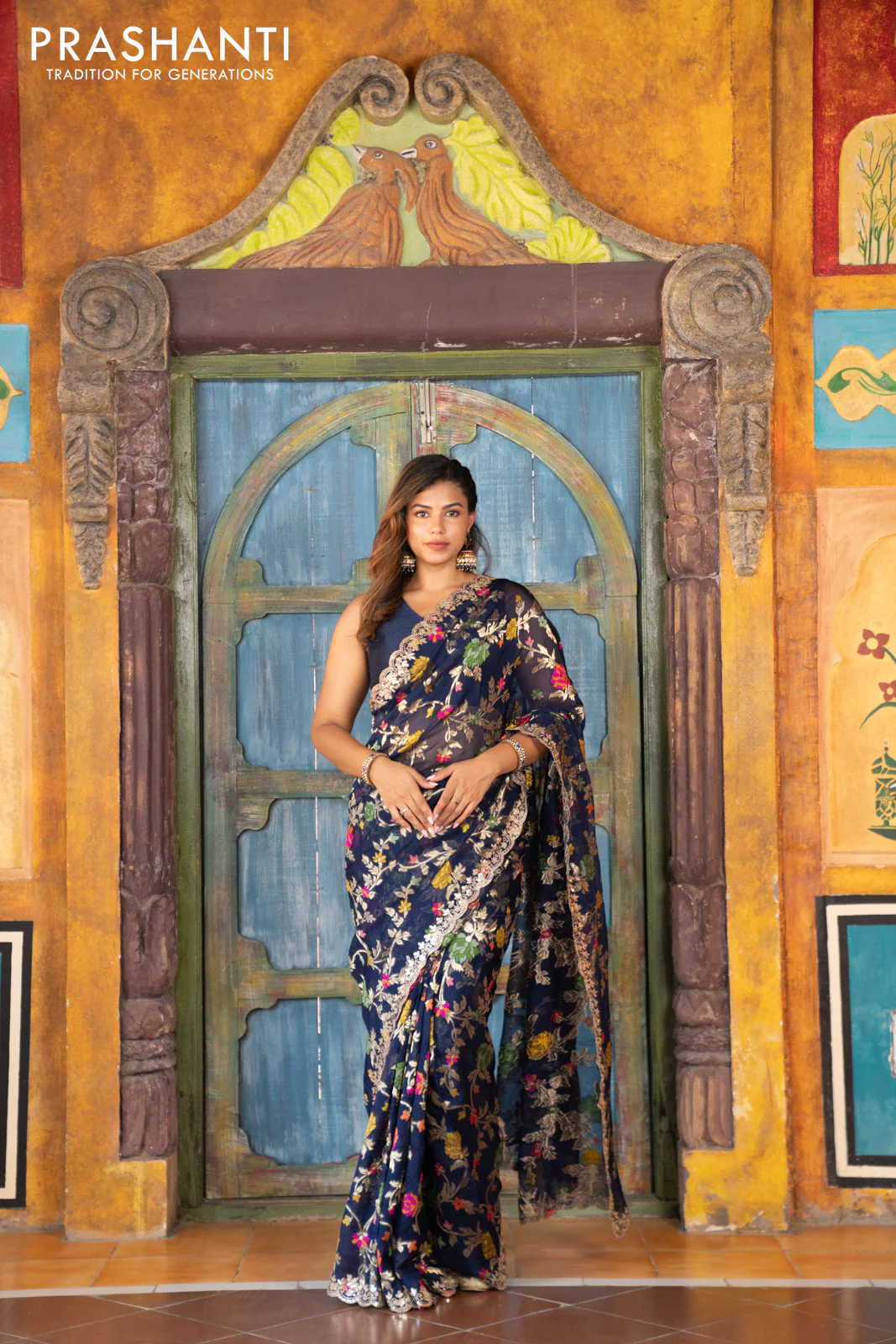 Pure organza silk saree dark blue with allover thread & zari weaves and gottapatti lace & mirror work border - Image 2