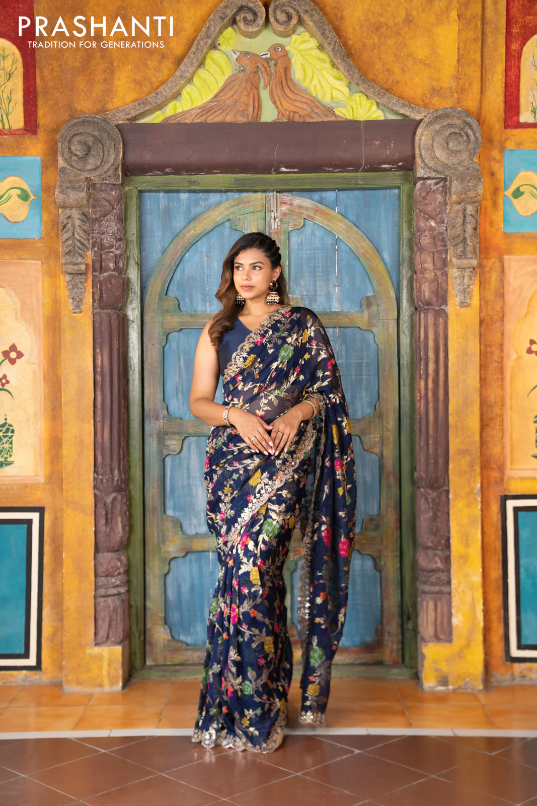 Pure organza silk saree dark blue with allover thread & zari weaves and gottapatti lace & mirror work border - Image 3